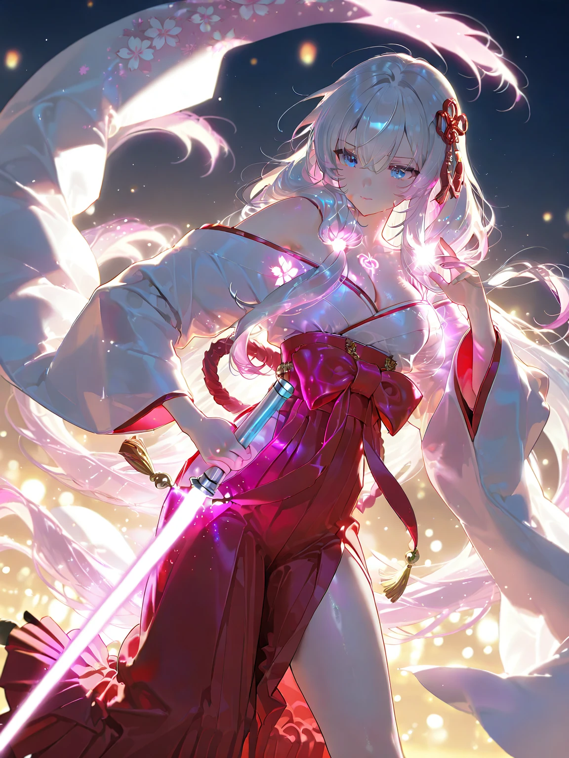 Silver hair, pink eyes, body, cat ears, woman, earrings, fantasy background, pink red clothes, hair bows, happy face, full body