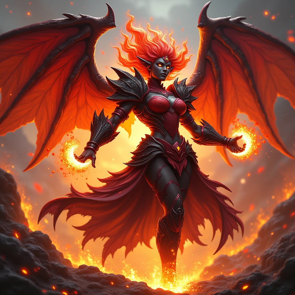 RAGE UNLEASED, hyper realistic, beautiful smiling african american fire fairy muscle waifu, large fairy wings, long red dreadlocks on fire, glowing red eyes, ri[[ed sleeves, strong, sleek muscled arms, surrounded by dark red volcanic smoke, fire explosion in background, epic, cinematic,