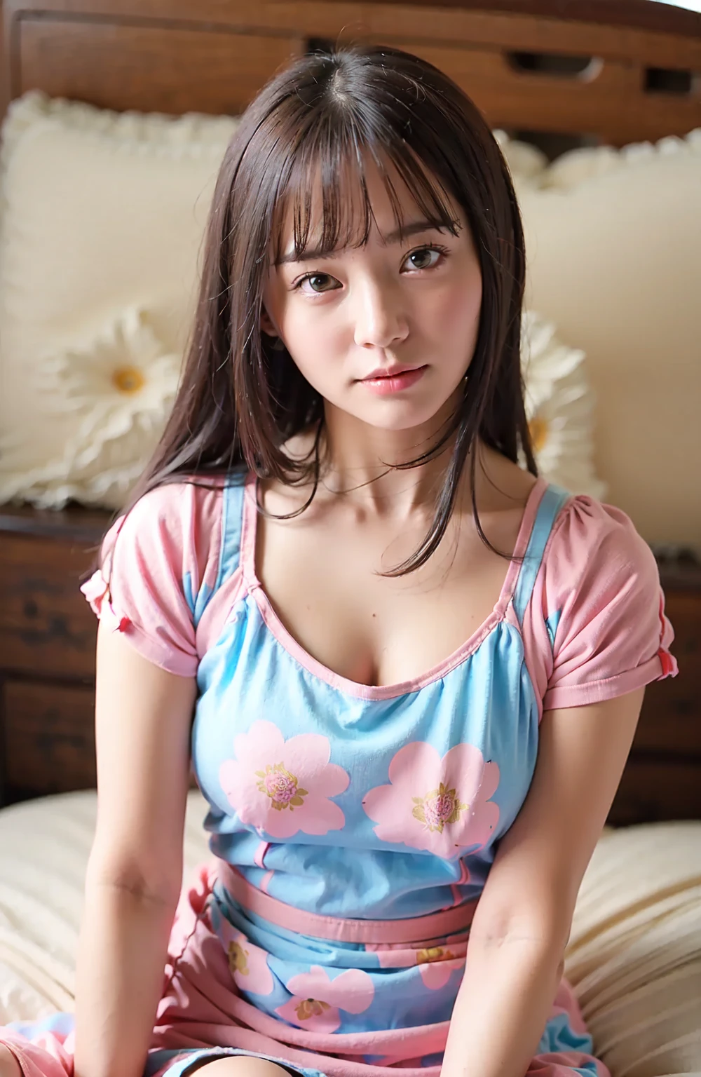Ultra-high resolution, (Realistic: 1.4), RAW Photos, Highest quality, (Photorealisticistic), concentrated, Soft Light, ((15 years old)), ((Japanese)), (front, Young Face))), (Depth of written boundary), (one piece), masterpiece, (Photorealistic), woman, bangs, (( Headband Top, Shorts, Small breasts, 1 girl))