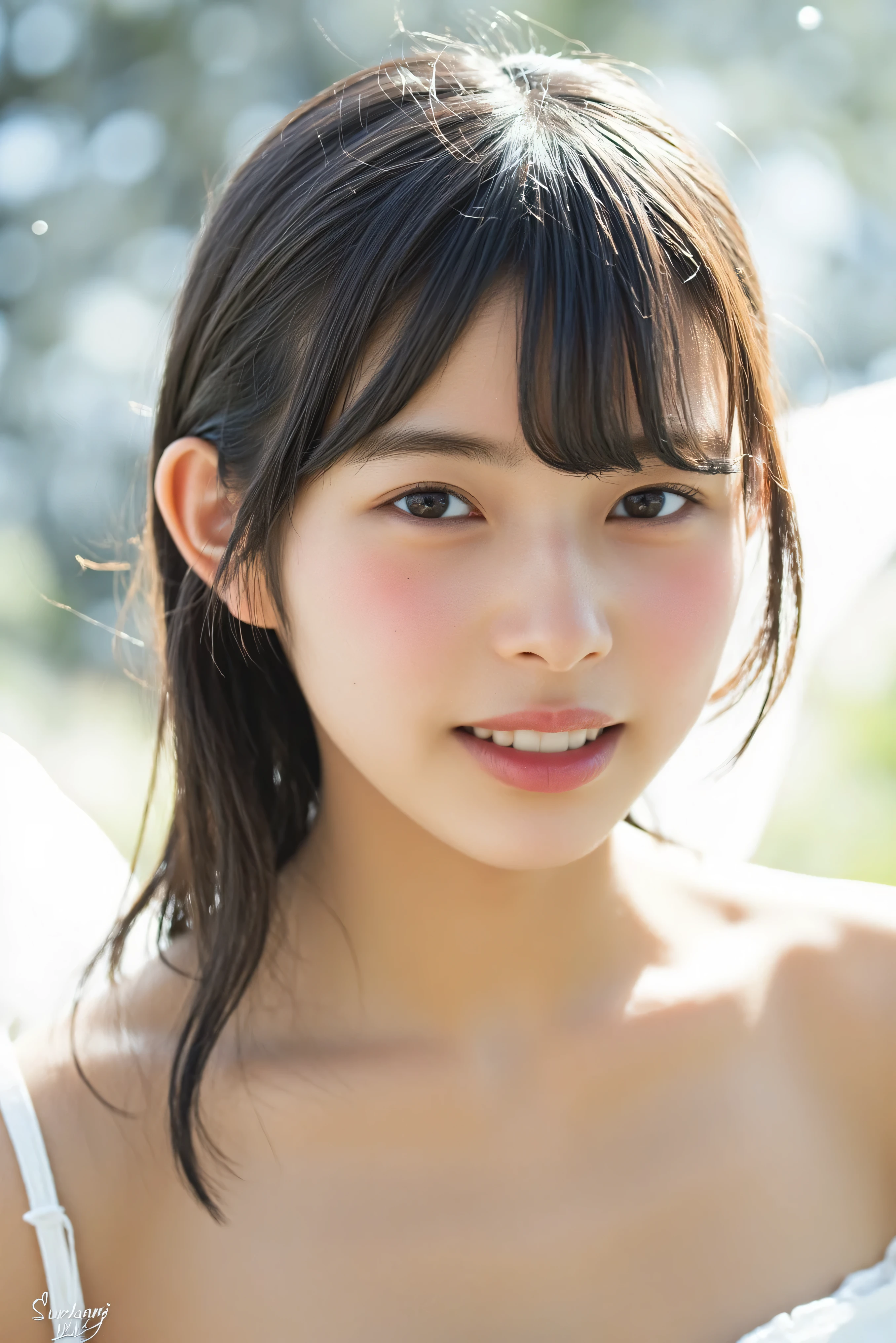 A girl wearing a white dress is bathing in the river, getting wet, having fun, no make-up, rural scenery, sunset,smile、smile、、((No makeup))、(Realistic、Photorealistic、Ultra-detailed、Best detailed skin、Highest quality、masterpiece、超A high resolution)、Cute Japanese Woman、、High school girl、Young girl、1 girl、Has bangs、double eyelid、Drooling eyes、Big black eyes、attractive、purity、かわいいsmile、自然なsmile、Watch it here、Realistic肌タイプ、Fluffy hair、Red cheeks、The wind is blowing、illumination、The light is coming from behind、smile、smile