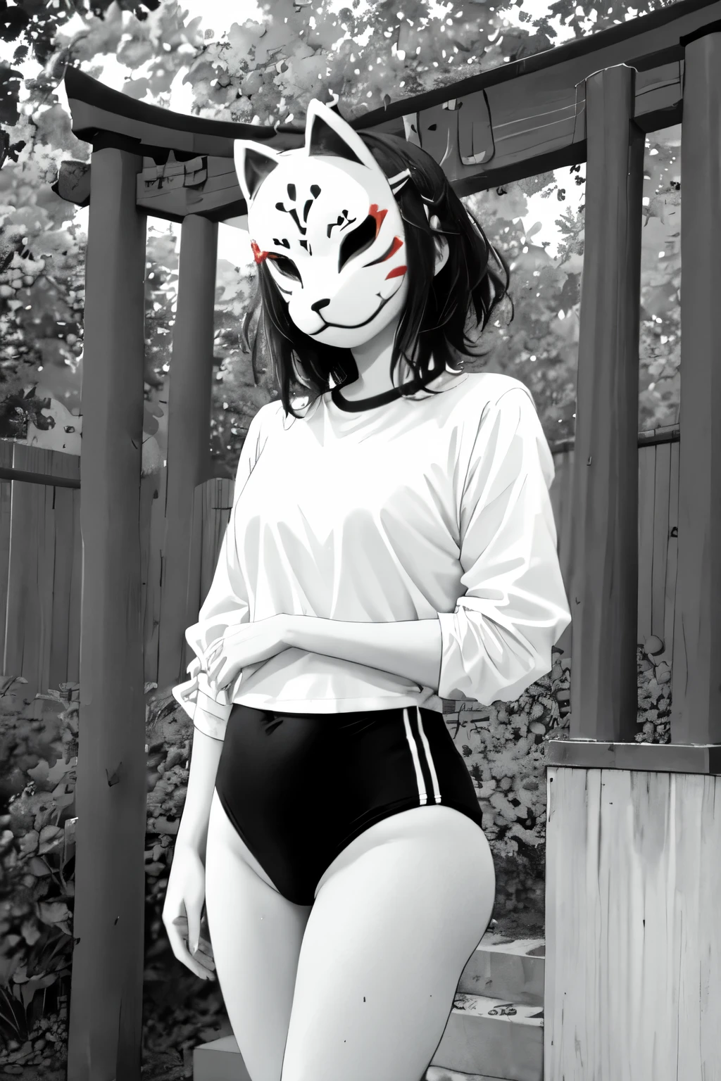 monochrome,anbu,1girl,medium hair,black hair,wearing a black gymnastics bloomers,highleg,self wedgie,white blouse,standing,torii,solo,