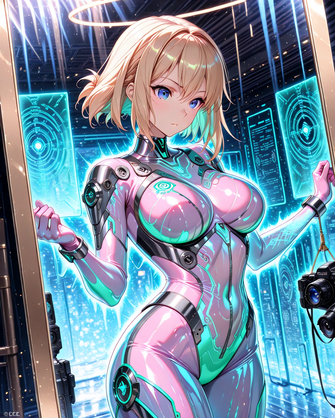 1 Girl, whole body, (space helmet):10,He has a large metal helmet on his head that covers his hair and eyes., tube, wire, She gets electrocuted, brainwashing,astrovest,bing_astronaut,blush,torogao,
