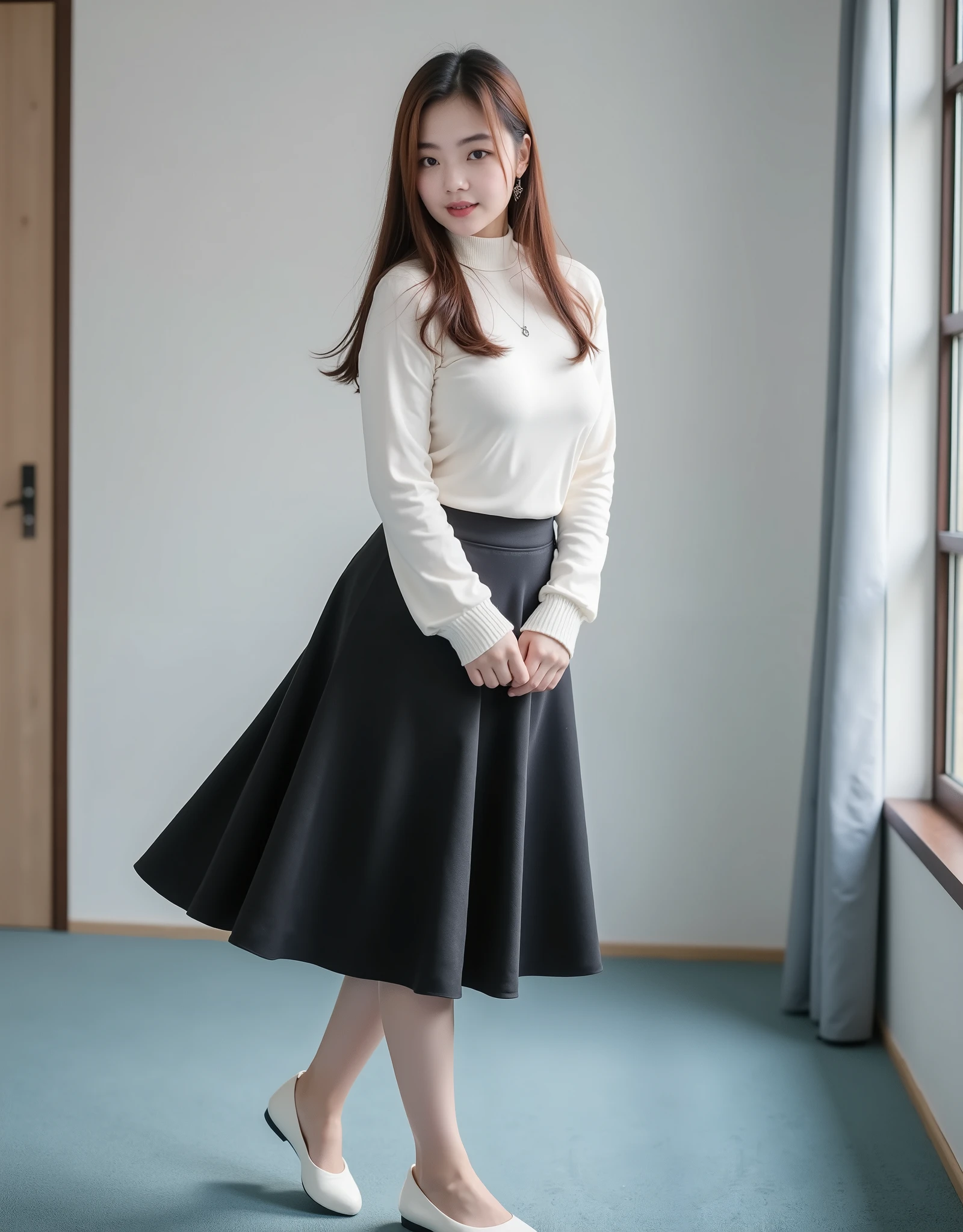 (RAW photo:1.2), (Photorealistic:1.4),Beautiful detailed woman, very detailed eyes and faces, A detailed eye, ultra - detailed, A high resolution, top quality, The is very detailed, best quality, real photo, unified, 8k wallpaper, best quality, 1 girl, Alone, Autumn and winter outfits, Asian, Japanese, 152cm height short girl, long brown hair, full body image, twirling in front of a white wall in a empty room, light Blue carpet, showing hands, wearing black colour suede fabric flared skirt below knee length, skirt is covered the knee, skirt materials is thick, white sweater, wearing white flat shoes, relax pose, teacher look, whole body photo, realistic, real style, reality, super real, sharp photo, Well-lighted, sufficient lighting, white balance 6000k day white lighting, well lit, studio light, natural sun light, smile, front camera