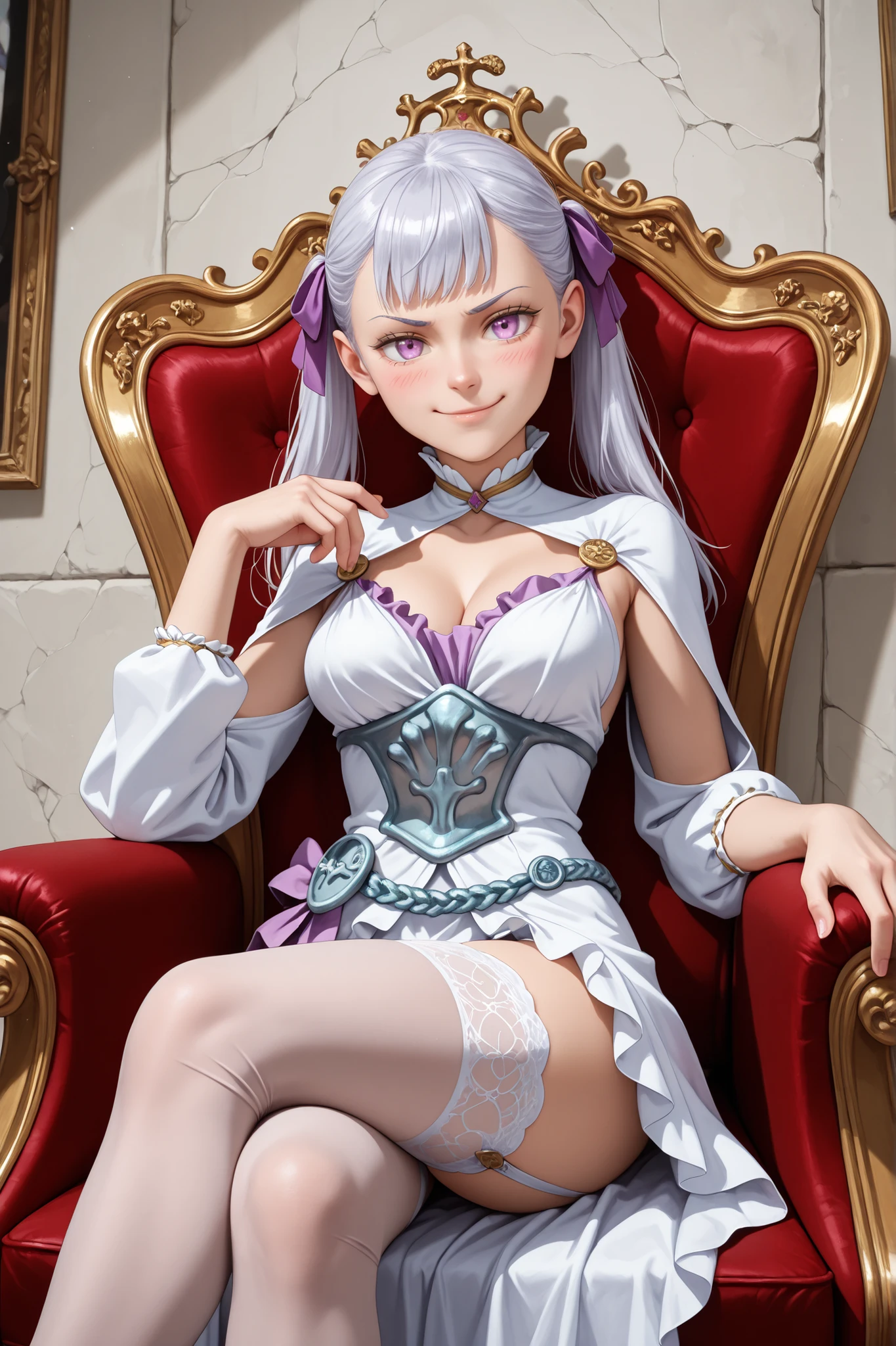 1girl, Noelle Silva, purple ribbon, silver hair, double ponytail, hair ribbon, medium breasts, white dress, cleavage, blush, closed mouth, cowboy photo, thigh high stockings, garters, looking at viewer, sitting on throne, legs crossed, alone, smug, smile