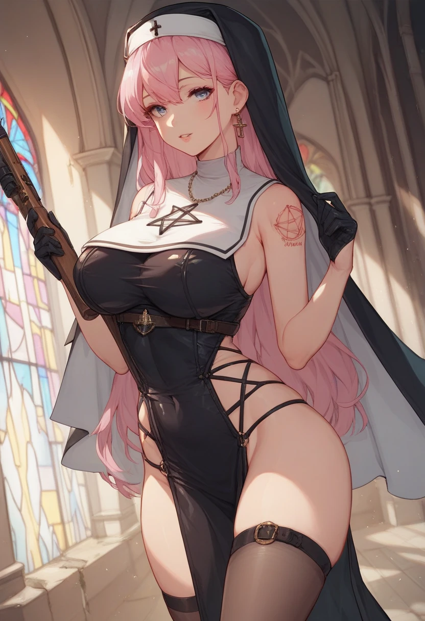 Striped hair,(shyexpression) ,ssmile,Blushlush,french braid, mismatched pupils, Chiaroscuro, back lit lighting, Gothic art, 16k, Best quality, Anatomically correct, High details,lewd nun,Leather bandages,Metal chains,huge tit,(Cocked buttocks),(Pink pupils),((opening legs)),Pubic bone,Thighs apart,((Dark skin)),(White panty hose)
