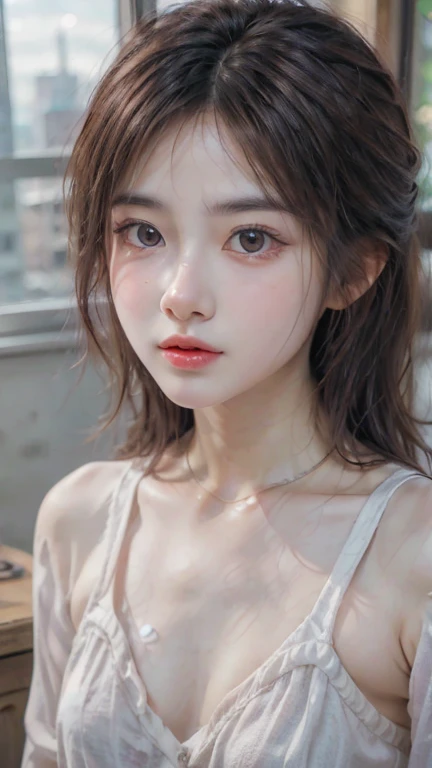 (masterpiece, highest quality),((Very difficult)),(8khighest quality), (1 female), (Asian:1.1), (From above:1.6) (Covered in semen:1.2), (Put your arms around her:1.4) , (look up:1.4), (man Hold your chin:1.6), Hold your chin, ,Alongside, Beautiful Face, eye contact, Obedient slut, Strike a Pose, blush, choker, tattoo, Lewd clothing, Short Hair, Died, Sit on the bed, Golden Hour, collar, Shiny brown hair, pig'tail, Tied Hair, (Messy Hair:1.2), (Obedient:1.6) high waist, Slim figure, Soft Skin, Soft clothing, Obedient outfits, stockings, Linen shirt, Beautiful costumes, (See-through shirt:1.4),((Big Breasts))