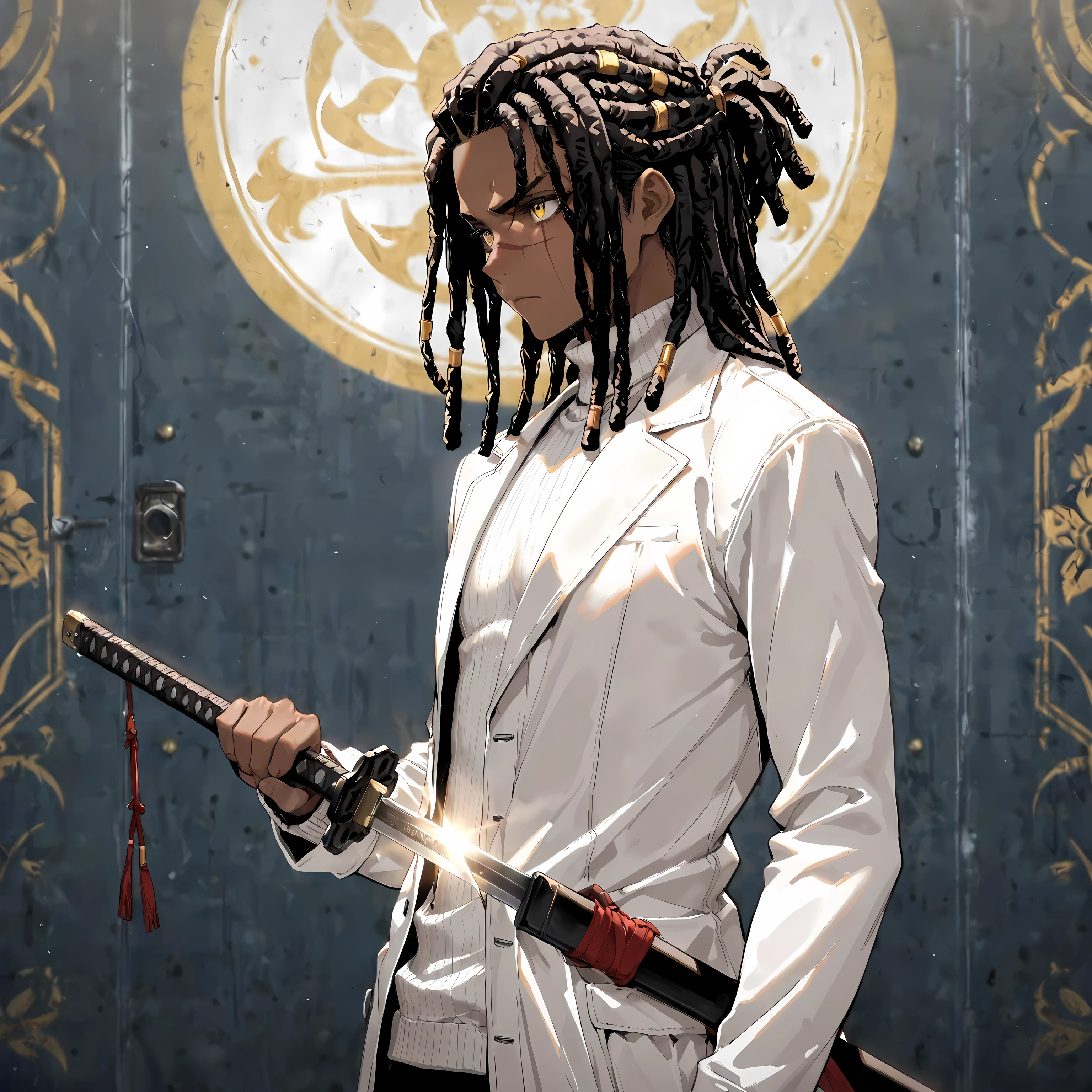 masterpiece , best quality , UHD , 1male , solo , dark skin , short dreadlocks , middle parted hair , white turtleneck sweater and cream overcoat , serious expression , scar across nose , determined yellow eyes , government background , detailed background , holding single longsword katana by sheath , side view
