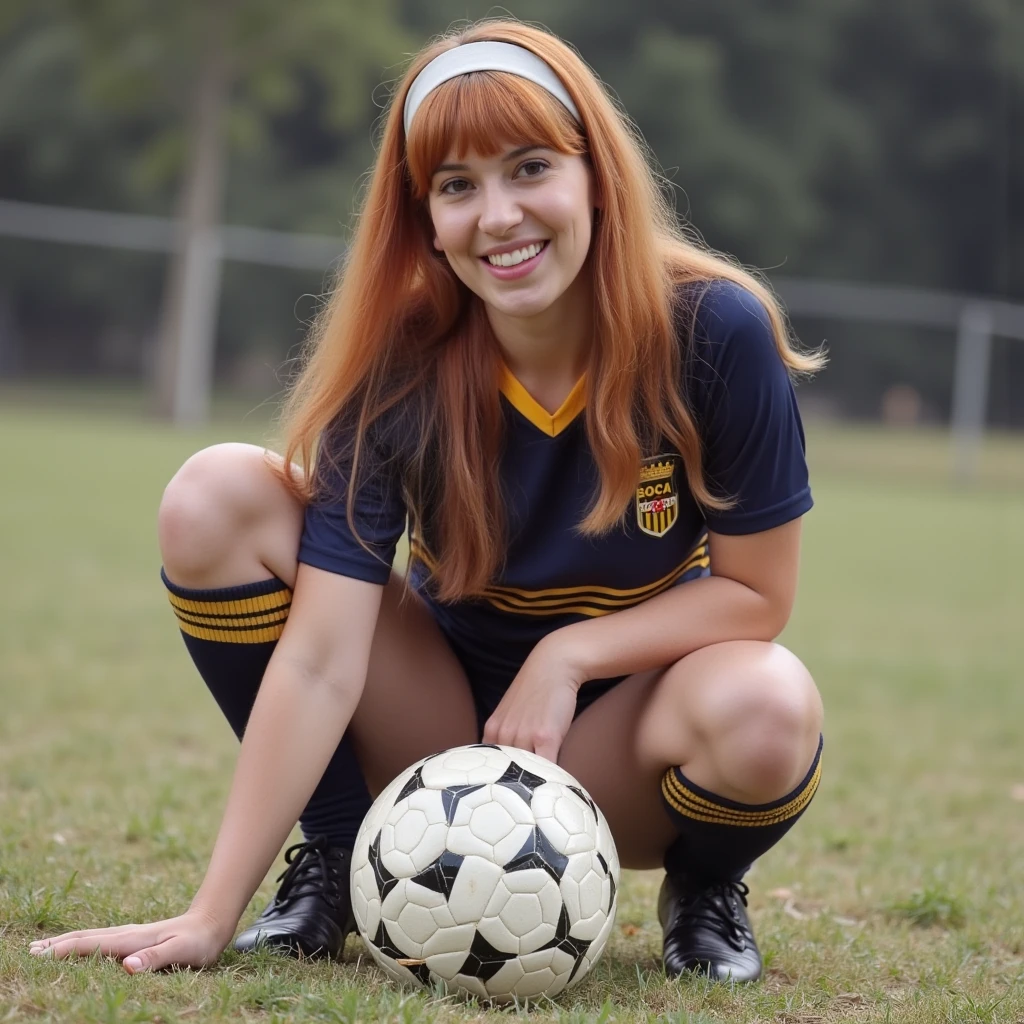 ((high resolution)), ((pale skin)), freckled, Irish redhead ((13 year old)) girl, ((tiny breasts)), thin body, long wavy hair, naked, playing soccer