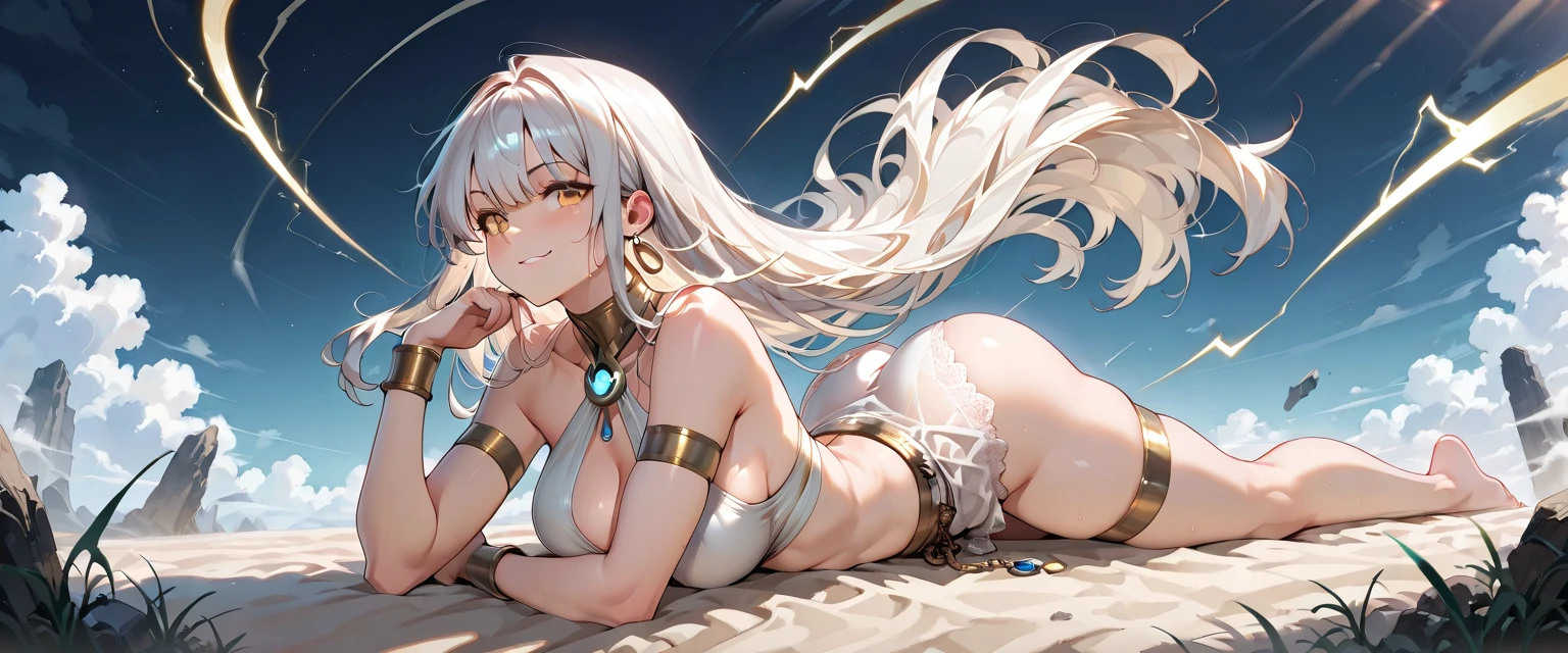 fullnude、1girl in, White hair, blue eyess, a navel, Look at viewers, put hands on the hip, (white shirt:1.2), Braids, Very long hair, Wide waist,
huge-breasted、Full big\(BodyProportions\),