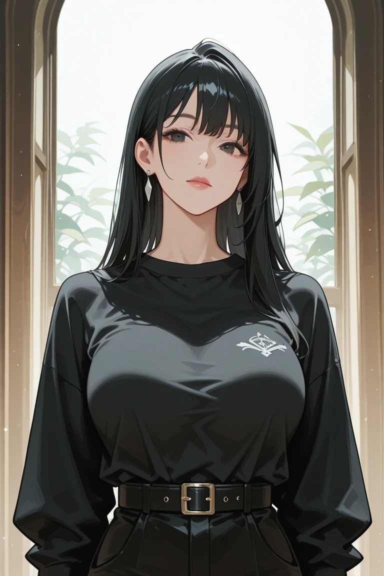 Girl1,triangle face,red eyes,black hair,braided ponytail hairstyle,green t-shirt,Pencil skirt,highly detailed,HD