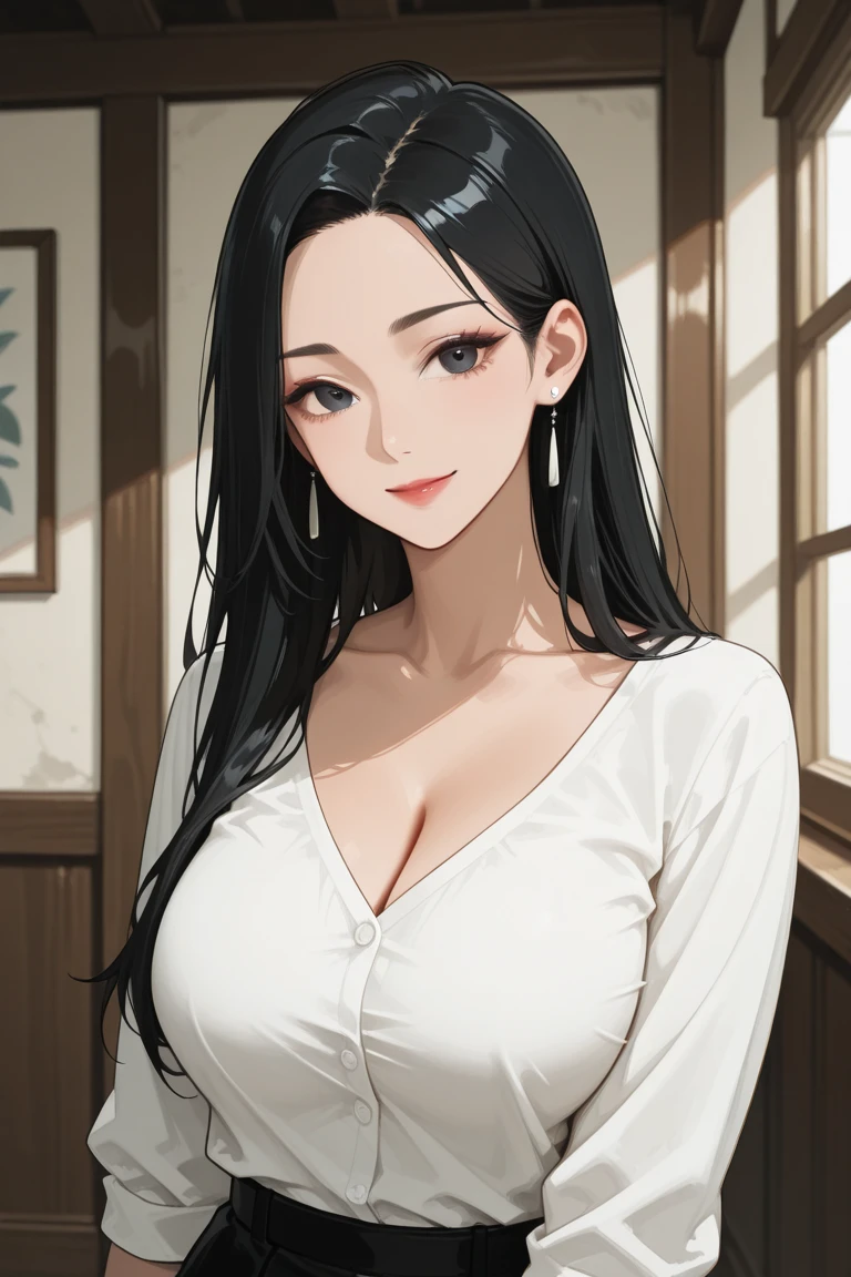 Joshiochi,1 girl,long hair,black hair,bangs,ponytail,swollen lips,painted lips, thick lips,reveal cleavage, erotic, smile,Hitomi Tanaka's chest,huge breasts,sister,suit,28 years old,Sweat,shiny skin