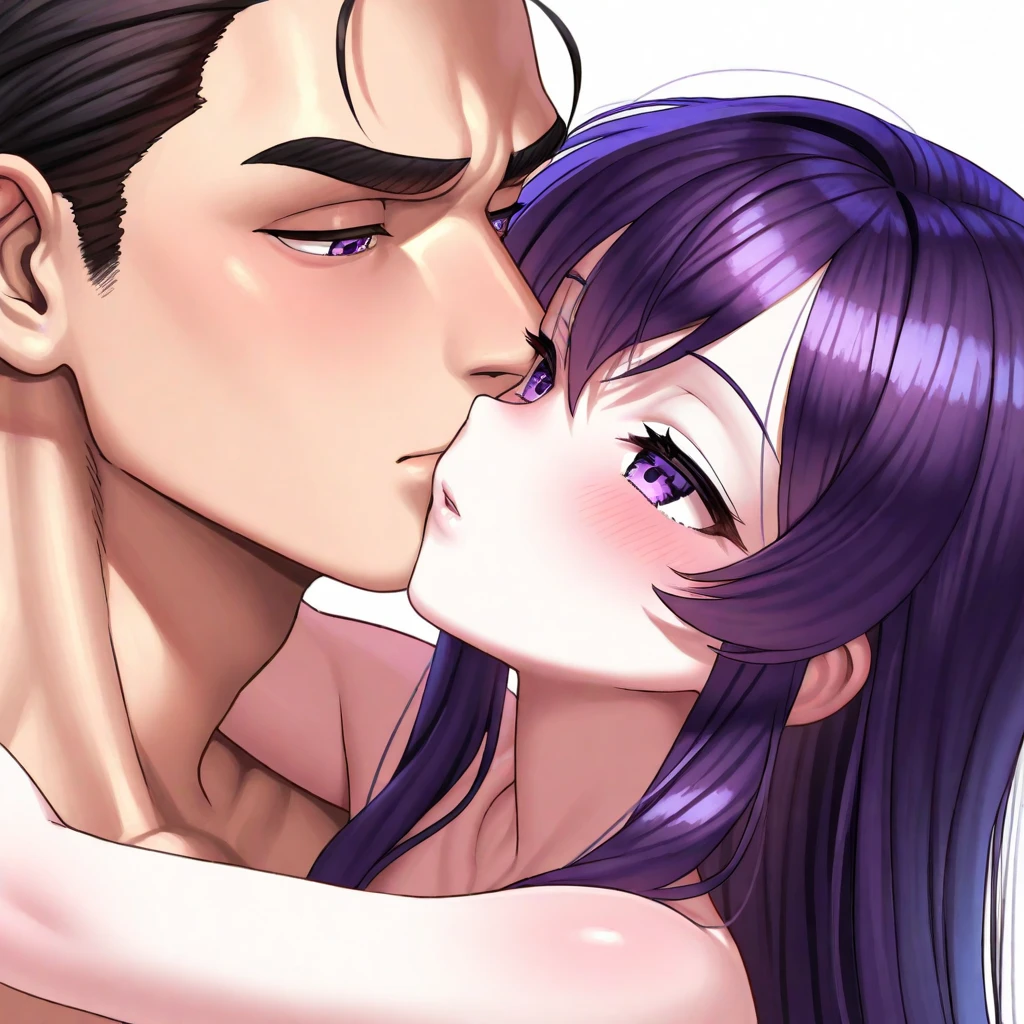 Matou sakura(Fate stay night), Purple eyes, purple hair, long hair, hair between eyes, bare arms, medium breasts, bare legs, thick thighs, breasts, mature female, mature, adult, slim and sexy body, belly, slim waist, simple background, bedroom settings, beautiful eyes, nipples, areola nipples, belly, ((((having sex))), (((1girl, 1Boy having sex))), muscular handsome boy, (((kissing during sex))), lying on the bed, muscular handsome boy penetrated his big penis into her vagina from behind, amazing big penis, Vagina, NSFW.