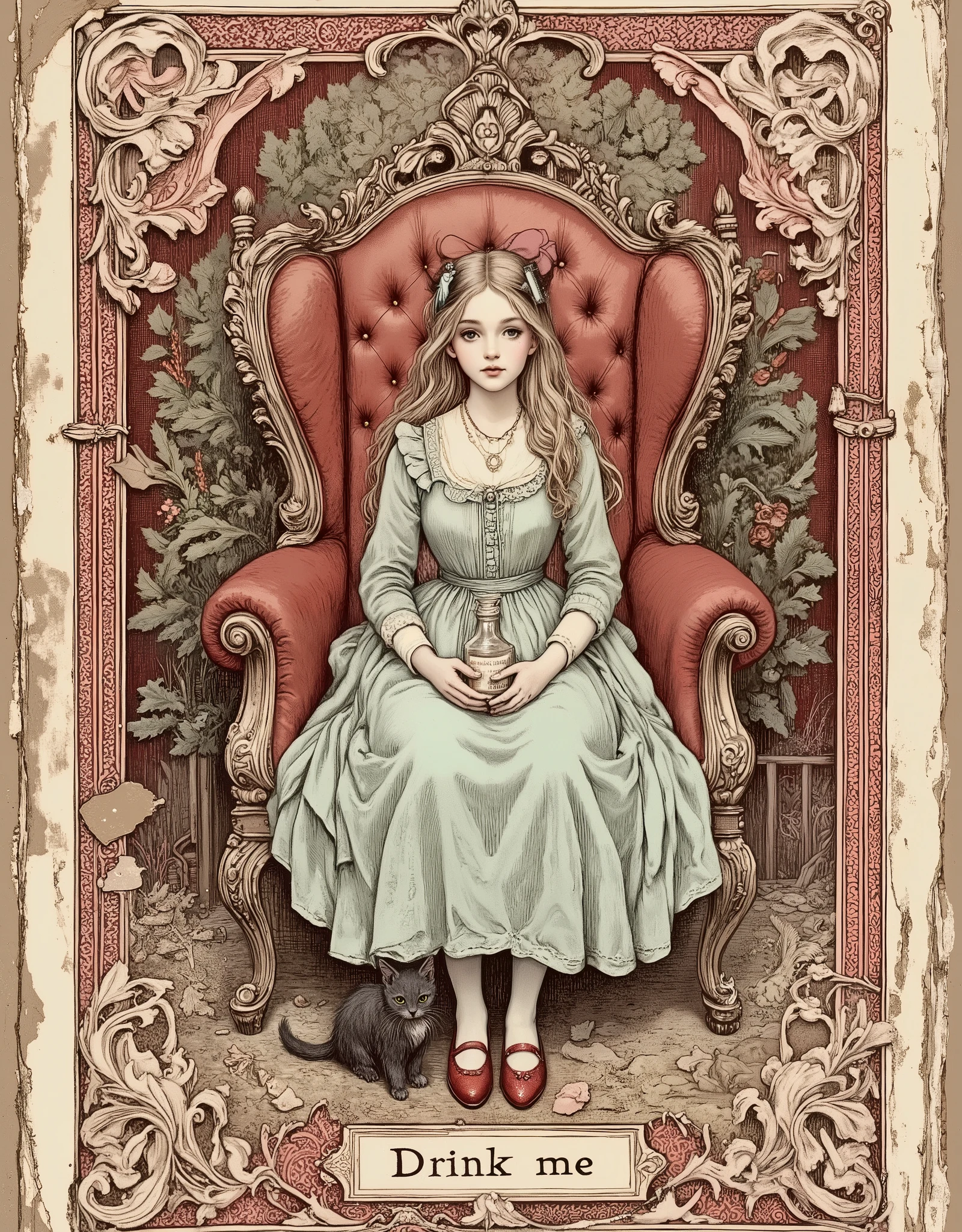 An old, battered vintage character card featuring Alice from Alice's Adventures in Wonderland. The inscription "Drink me", made in classic vintage style, is located in the center at the bottom. A young age girl with fair skin is sitting in an ornate dark red armchair. She has light brown hair cascading down her back, a simple light turquoise dress and dark red shoes. She holds a small glass bottle in her hands. A small black cat is sitting next to her. The armchair is dark red in color with intricate wood trim. A vintage-style character card with intricate curly edges, ornate borders, and patterns surrounding Alice. The background is dark red, with patterned swirls and a worn texture that creates a vintage feel. The border is in a red and white cage. The overall composition is vertical. The illustrations are made in the Victorian style with a slight touch of Gothic and psychedelic. The mood is whimsical, nostalgic and slightly mysterious. The detailed portrayal of the characters and the setting highlights the style of the Victorian era. Muted vintage colors are used. Focus on the girl and the antique chair. The holly bush element adds a touch of Christmas and celebration.Digital stylized art that conveys the aesthetics of an old, worn-out thing made of cardboard with uncovered typography.Scuffs, scratches, sepia, torn edges, stains. High stylization and detail.