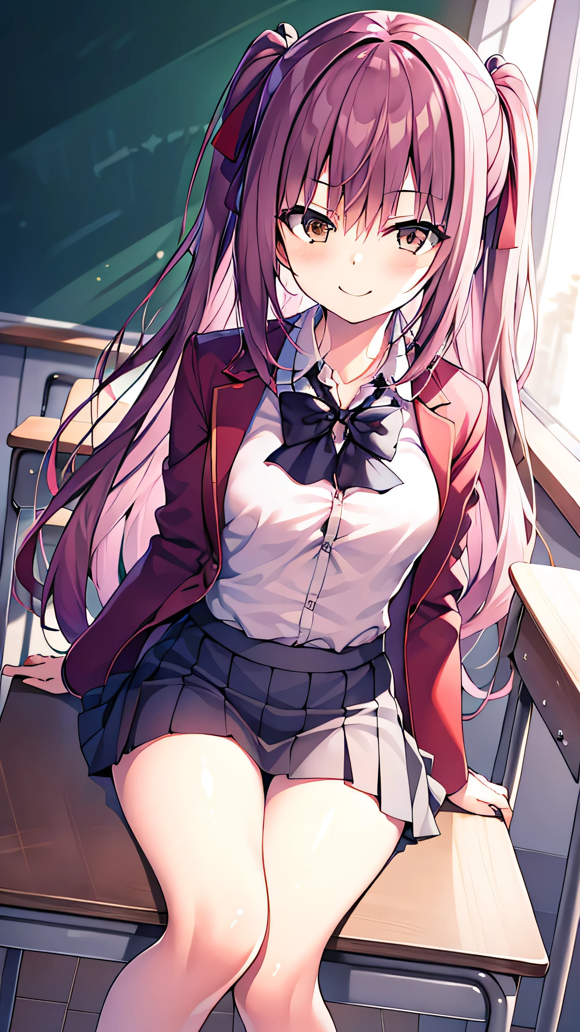 Hugob, nsfw, Purple hair, Long hair, Bangs, (Purple eyes:1.1), (medium breasts⁩:1.2),Blake Black Jacket, Black skirt, Collared shirt, Hair Ribbon, high waist skirt, Jacket, Long sleeves, Neck ribbon, Open your clothes, Open jacket, Pleated skirt, Red Ribbon, bow ribbon, Shirt, Skirt, sleeves past wrists, White shirt, Wide sleeves,BREAK looking at viewer,BREAK outdoors, BREAK (masutepiece:1.2), Best Quality, High resolution, Unity 8k壁纸, (Illustration:0.8), (Beautiful detailed eyes:1.6), extra detailed face, Perfect Lighting, extremely details CG, (Perfect hands, Perfect Anatomy),miscievous smile, (dancing, sitting, spreading legs:1.5, wet panties:1.5, pussy juice, underwear ),