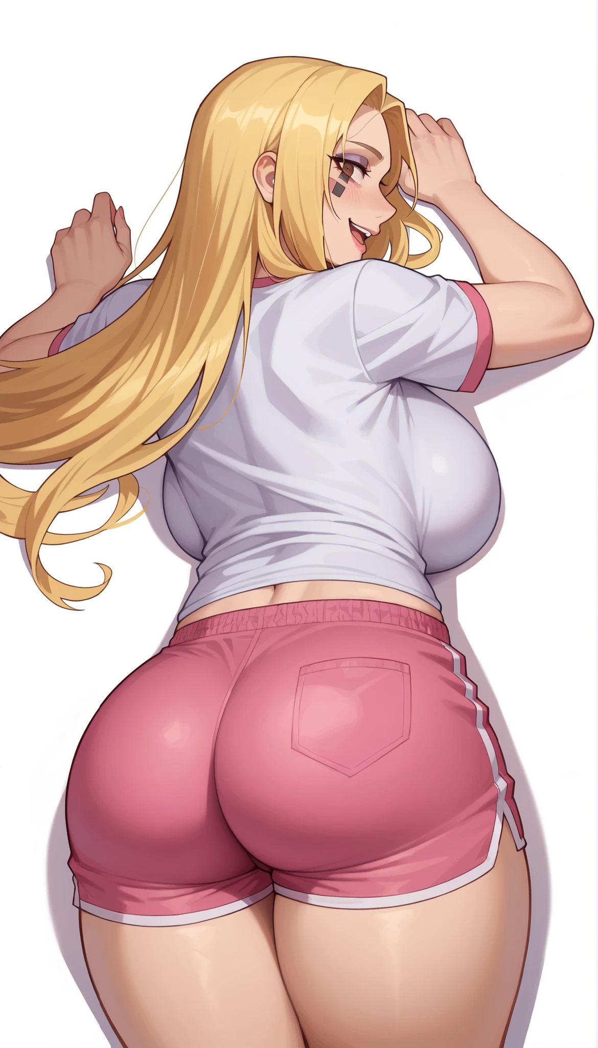 (((Perfect figure,figure,solo, White and tender skin,(((cyberpunk,short sleeves, dolphin shorts, t-shirt, pink shorts, white shirt, , ))),(((MiaChadef, long hair, blonde hair, brown eyes,,))),((masterpiece)),high resolution, ((Best quality at best)),masterpiece,quality,Best quality,((( Exquisite facial features,Looking at the audience,There is light in the eyes,(((Lol,Happy,))),))),(((Light and shadow,Huge breasts))),(((Looking at the camera,White background,Lying on the ground,Looking back at the camera,From the back,plump ass))))