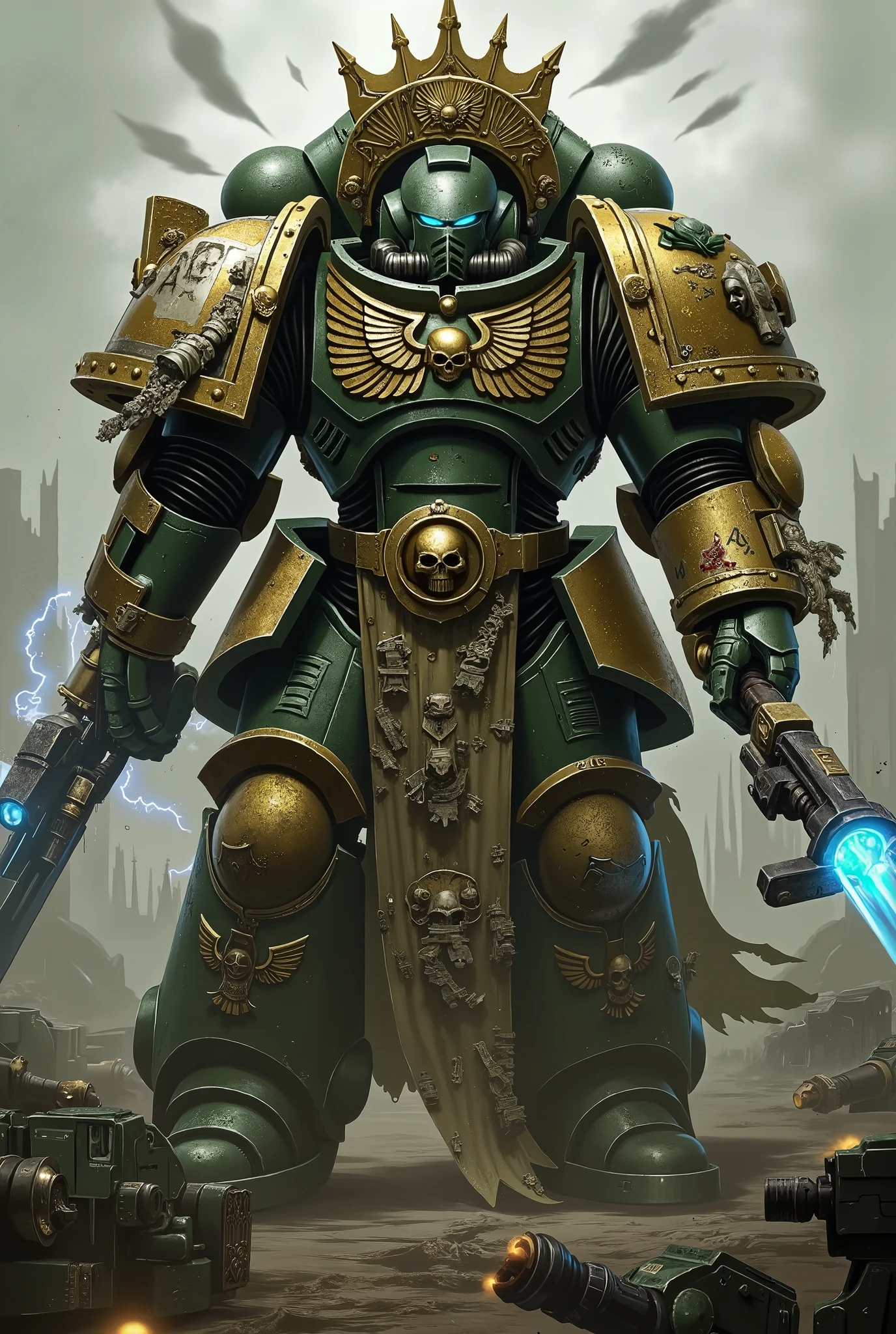 A colossal humanoid mech inspired by BT-7274 from Titanfall 2, fused with the regal and gothic grandeur of a Terra-born Imperial Knight from Warhammer 40k, text labels:"T-4965", "Terra Arbites", "Hall of Judgement". The frame is heavily armored with industrial, weathered plating — a mix of olive drab, brass, and burnished silver tones. Its chest features a glowing blue sensor eye integrated into a knightly helm with aquila engravings and purity seals fluttering from the pauldrons. Baroque iconography and filigree detail the armor, while massive missile pods and a rotating autocannon are mounted on its shoulders. In its hand, it wields a hybrid weapon — part smart rifle, part knightly power lance — crackling with energy. Hydraulic limbs, servo pistons, and sacred script etched into the armor emphasize its sanctified martial presence. Gothic cathedral-like plating on its back, with exhaust vents glowing faintly blue, channel the Titan’s sacred reactor core. It strides across a war-torn battlefield, a machine of both divine wrath and tactical precision.
