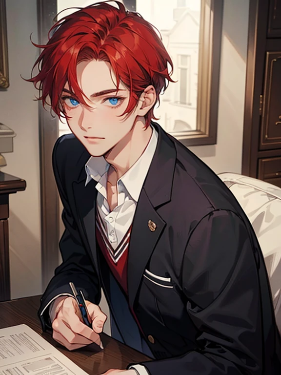A 16-year-old boy with short red hair and a black school uniform,sitting in the couch,Smile on your face,Modern layout,grand master,tmasterpiece,8k wallpaper,CG,Ultra-high image quality