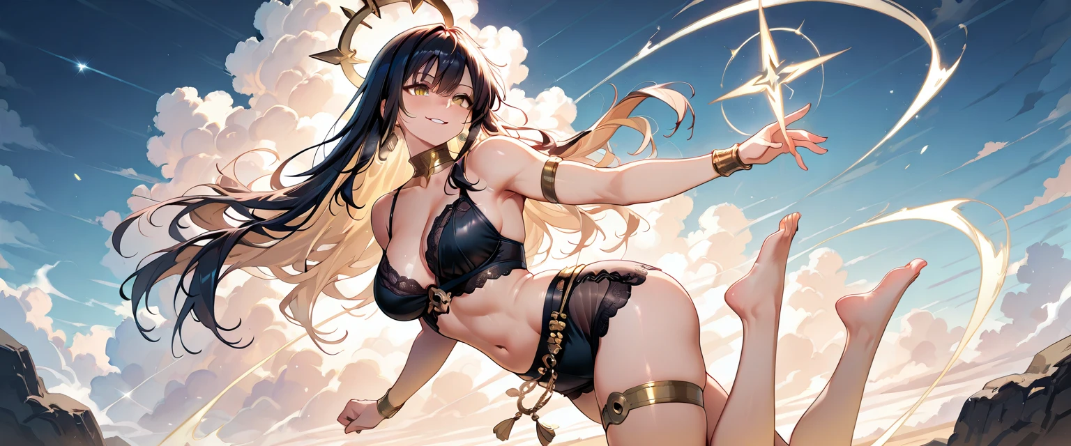 beautiful girl、Warrior、Black Hair、Long Hair、Big Breasts、sexy、sexy、A kind smile、sexyなレオタード、High Leg、Wristband、gloves、Boots、canvas、In the Ring、Match in the ring、venue、The whole body is visible、Abdominal muscles、One person、Standing on one leg、I'm getting a high kick、High kick pose