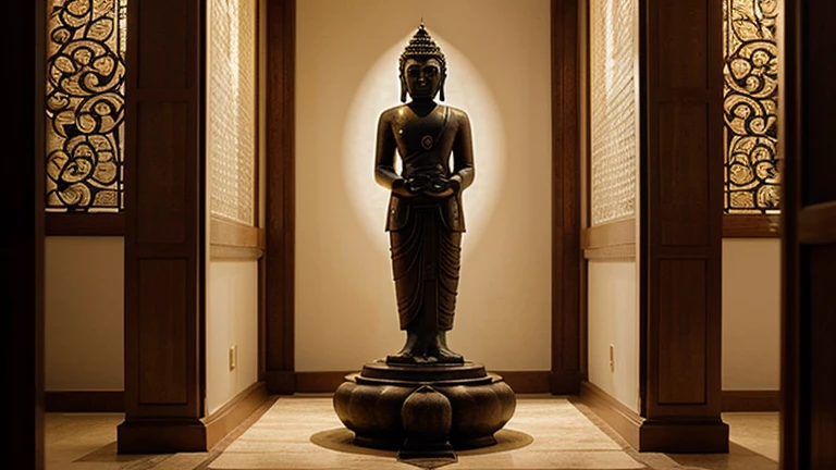 A Buddha image made of bronze is enshrined in the chapel of a Thai temple. There were offerings made of silver and gold. Beautiful Thai art as well as realistic colors and lighting