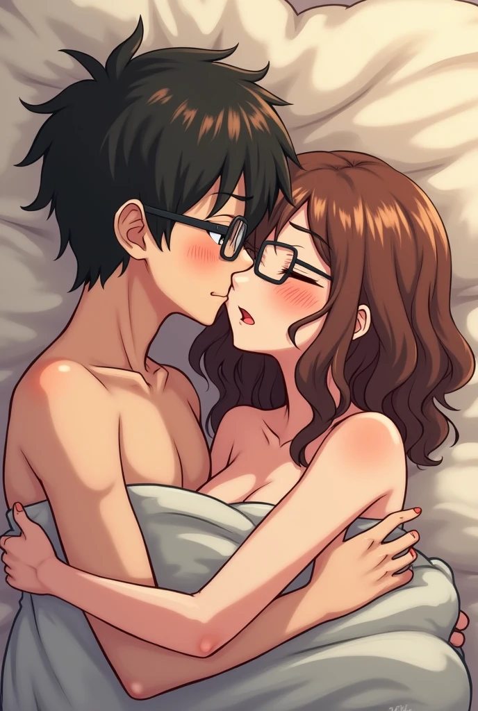 2d,(sarada uchiha, age), ((size difference) ), short hair, black hair, black eyes, red-framed eyewear, glasses, swept bangs,flat chest. BREAK naked Lying on bed, indoors, ninja academy, (Window), angry blushing face, closed eyes, tears, looking away, emotionless, hentai movie, hentai screencap, night time, dark sky, hands on another's head, cunnilingus, spread legs, (1boy, bald boy, bald male, bigger male), multiple used condoms,