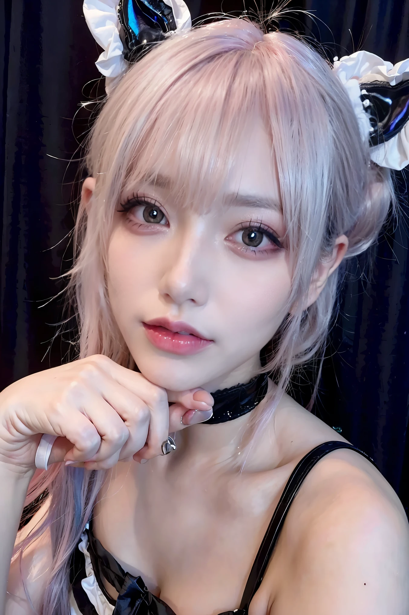 1girl,heart-shaped pupils,fingernails,hands on own face,white hair,purple eyes,(blush:1.1),choker,upper body,trembling,sweat,sweatdrop,heart,(speed lines:1.1),medium breasts, ((heavy breathing:1.3)), love, heart, crop top, happy, smile