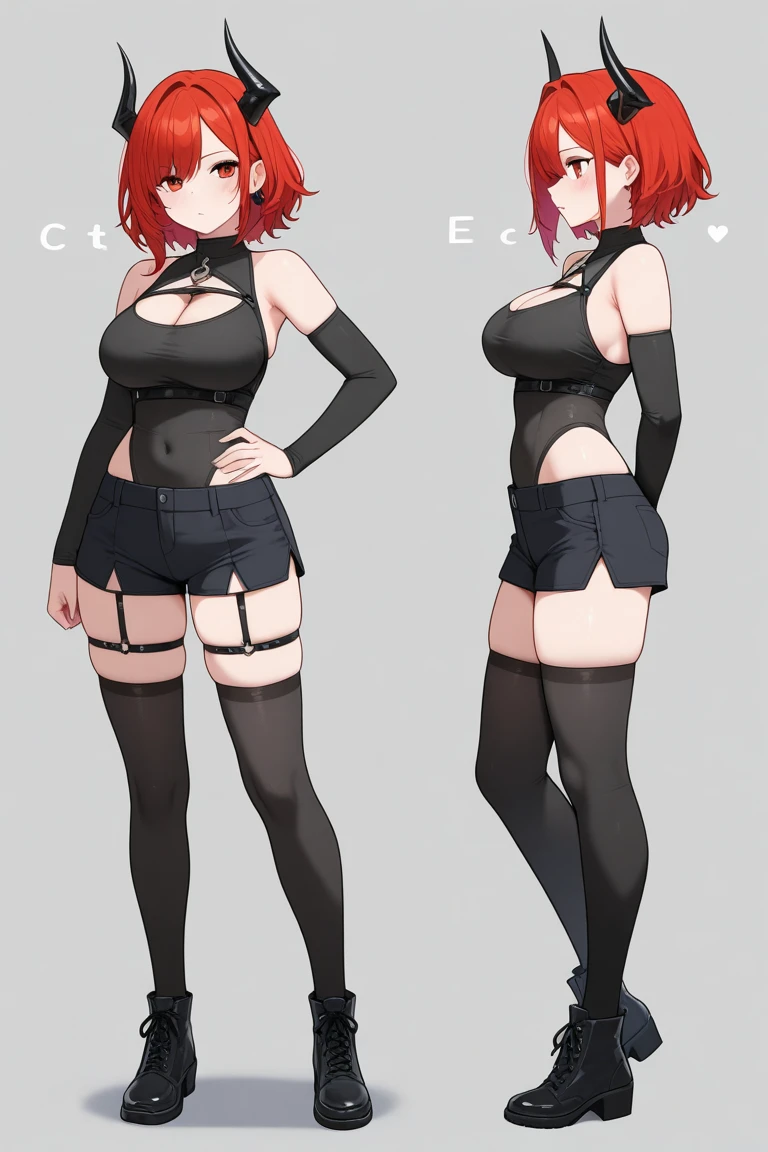 highest quality, (masterpiece:1.2), figure, disorganized,
(1 girl, alone), (beautiful detailed girl), full body shot, (turn around:1.4), multiple views, front figure, Side view, back figure,
Noel Seeker, red hair, blue eyes, big breasts,
green_hat, green_Jacket, gray_undershirt, red_tie, (red_shorts), black_Thighhighs, Brown_boots, Brown_gloves,