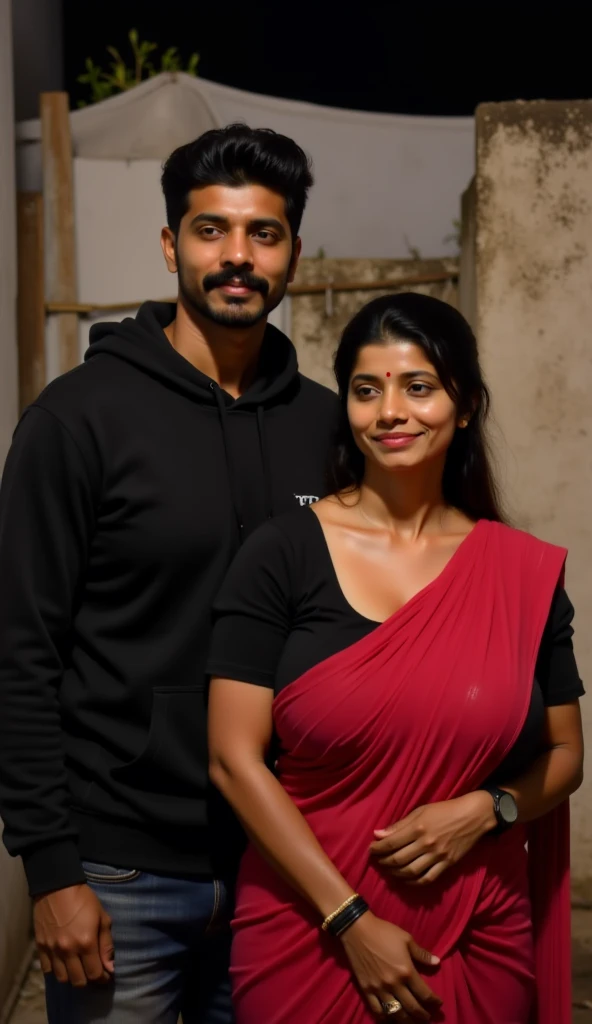 Newly wed indian couple, hot curvy south indian milf with long hair, big breast, big hip, very big ass, thick thighs, woman wearing sexy dress, cleavage, indian couple, very short indian black man with buzz cut, very big muscular body and beard, man wearing shorts, woman with man, couple in house balcony, high resolution, couple looking at camera, tall woman and short man, close-up potrait, Closed Mouth, serious face, front full body view,