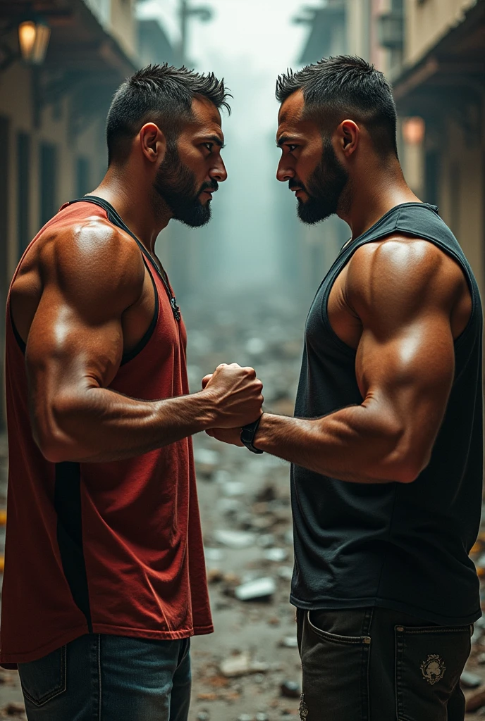 A two gus looking each other, facing each other touching, with anuscular body, forst have a blond hair and second have a black hair, hair body and have beard, taller.
