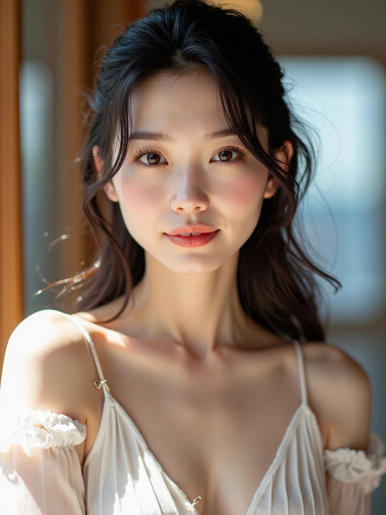 ((Highest quality, 8k, masterpiece: 1.3)), sharp: 1.2, Perfect Body Beauty: 1.6, ((Layered Hairstyles, Small breasts: 1.0)), (((Hands on the seat of a chair, Lifting your hips and leaning forward))), Angle from below, (((Rough ponytail))), ((Nipple swelling)), ((Sheer asymmetrical lace dress, Golden off-the-shoulder dress)), ((necklace)), Earrings, ring, Bracelet, Hair Accessories, ((Beautiful young woman in her 20s)), ((Straight nose)), (Eyeliner), Armpit Hair, Bristles, ((Beautiful Skin)), Wavy Hair, Beautiful attention to detail, Super detailed, Highly detailed face and skin texture, fine grain, double eyelid, Black Hair, Big Ass, Lower Body, Thighs, (((Skinny))), Wet and shiny lips, smile, Blushing, Get a grip on your body, ((Anatomically correct human body)), ((Crisp body shape)), Ribs, clavicle, Protruding skeleton, A face without nasolabial folds, Shyness, Thin eyebrows