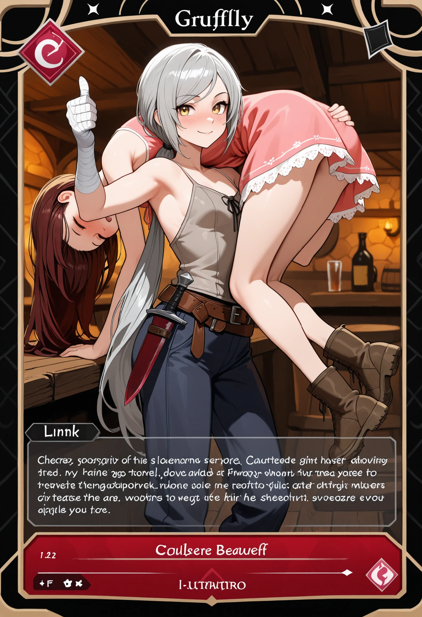 (masterpiece:1.2, Best Quality), (finely detailed beautiful eye: 1.2), (beautiful detailed face),4rd,english text,character name,rare card, character card, holographic, illustrations, 2girls, crouching, standing, lift, drunk, otscarry, girl carrying girl,carrying, carrying over shouldercarrying, from side, carrying over shoulder, thumbs up, hand on ass, character: brown hair , sleeping, brown eyes , very long hair , swept bangs thin , small breasts , bare shoulders , pink sundress , backless sundress , bandaged hands , spaghetti strap sundress , sundress with white frill trim , brown belt , brown combat boots , dagger sheathe attached to belt , character: thin , messy hair, yellow eyes , long hair , gray hair , low ponytail , light skin , yellow eyes , gray sleeveless vest with white frill trim,thin, light gray sleeveless shirt, dark blue trousers, thin legs, thin thighs, armpit, dark red swordbelt, sword sheathe, sword pommel, tavern,