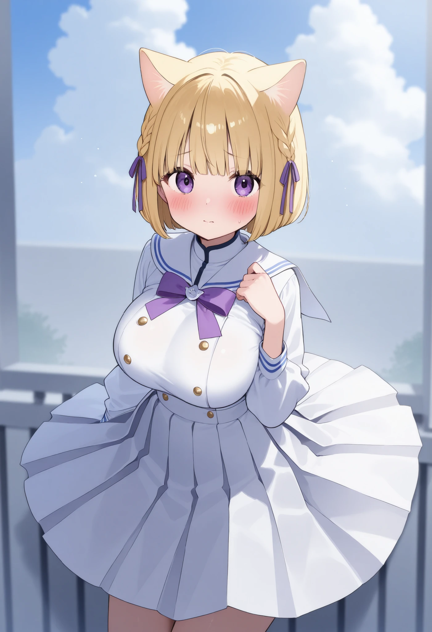 Blonde Cat Ears、bob cut blonde hair、 popup、 white sailor suit、big breasts、blush、、purple ribbon decoration、black white stripes々pleated skirt、、 braids on both sides、