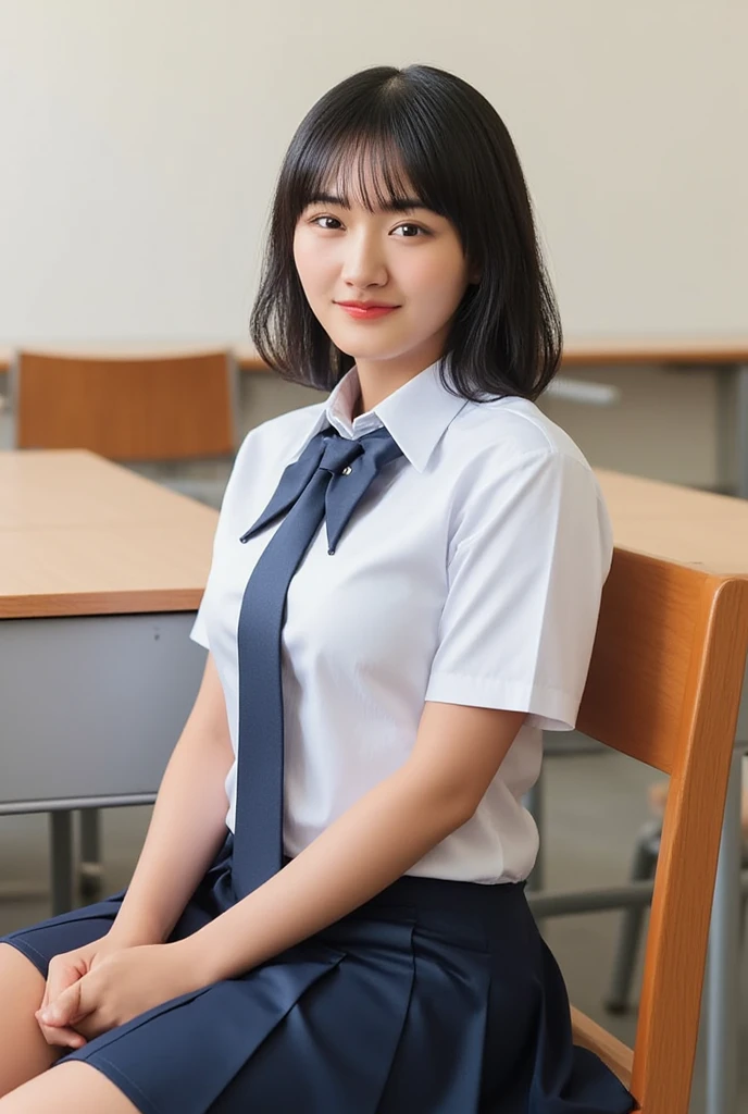 (8k, RAW Photos,Highest quality, High resolution:1.1), (Ultra-realistic:1.4),(Realistic, Realistic:1.3),The Beauty of Japan、(classroom:1.4)、uniform(Navy Blue)、(smile:1.3)、Spread your legs on the desk(Panty shot)