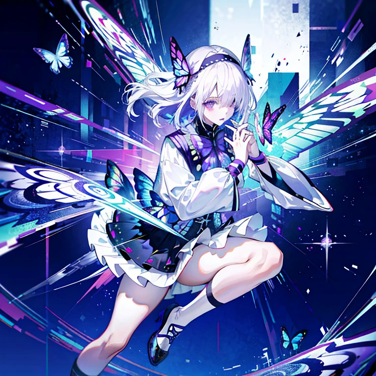 Disorganized、Man and woman couple、highest quality、Masterpiece、Official Art、16K、The best composition、The best light source、The girl has milky white hair with purple inner color, twin long braids, and black clothes in a cyberpunk style.、The man has milky white short hair and a cyberpunk look in white and light blue.、universe、Milky Way、Meteors、Surrounded by neon butterflies