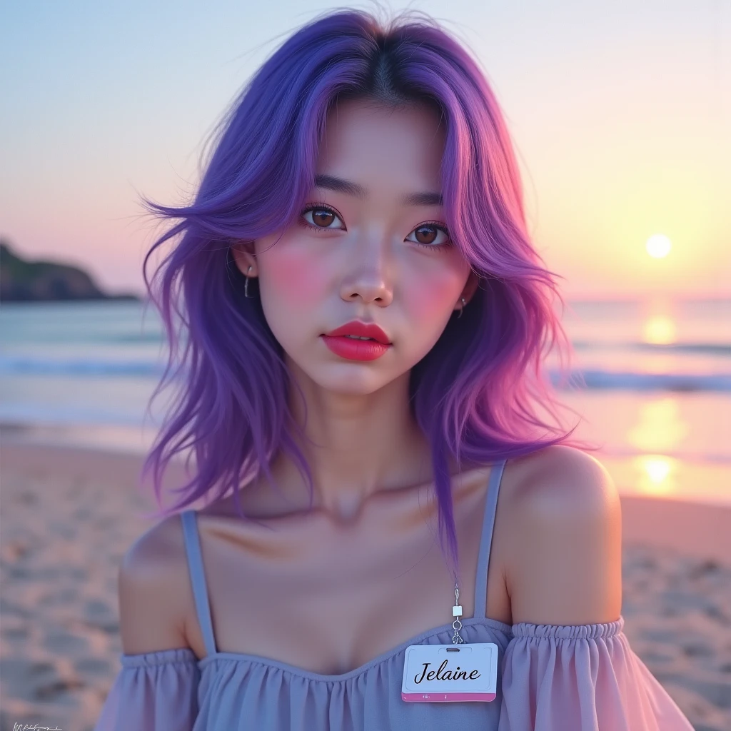 (ultra quality,ultra highres,ultra detailed,beautiful,8k:1.3,RAW photo)(masterpiece:1.3)(super detailed skin:1.2,beautiful eyes:1.2,beautiful face:1.3)(cinematic lighting:1.1) ((Two-tone brown and purple hair:1.3,Shorthair:1.3),V cut with layers and bangs, Brown eyes, Soft atmosphere characteristics, One Girl, （18 year old high school girl:1.2）, Sharp focus:1.2、Beautiful woman:1.4,cute, , Normal chest, Cross Necklace、Earrings、ring,(Cleavage)、((Cute colorful striped micro bikini:1.3),(Model Pose:1.2),(Looking at viewer:1.2)(Selfie)(Armpits))),(Sandy Beach,Beach House)(On all fours:1.4)(Upper body-centered photo:1.1）