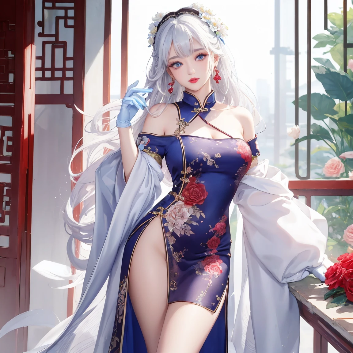(((1girl, solo, full body, full body front))), ((standing)), (perfect anatomy, perfect hands, perfect legs, perfect body), beautiful body, natural proportions BREAK
(((extremely detailed face))), (beautiful detailed eyes:1.6), (realistic pupils, realistic iris:1), expressive eyes, looking at viewer, (clear eyes:1.3), (hyperrealistic:1.2), (detailed skin texture:1.2), smooth skin, ((purple eyes)), ((silver hair)), silver hair with blue tips, long hair, (hairband:1.3), ((black hairband)), bangs, ((hair ornament)), (smile), blush, large breast, (detailed lips:1.3), (attractive lips:1.2), (glossy lips:1) BREAK
((a sexy woman dressed in a mini qipao dress)), qipao, ((white qipao:1.5)), (mini qipao:1.5), dress, ((china dress)), (mini dress:1.5), (bare legs:1.3), ((chinese clothes)), ((high slit qipao)), thighs, ass visible through thighs, ((bare shoulders)), high heels BREAK
(minimal background:1.1), (simple background:1.1) BREAK
(masterpiece:1.2), anime-style, top quality, best quality, (beautiful and aesthetic:1.2), (ultra detail:1.3), Ultra-detailed depiction, Ultra-precise depiction, extremely detailed 8k illustration, high resolution, (highly detailed shading), (realistic lighting:1.2), perfect lighting, vibrant colors, dynamic tones, striking hues, 8k, absurd resolution, perfect shadows, hdr, UHD, ambient lighting, realistic, ultra-realistic, photo realistic, highly detailed, rich detail, luminous colors, fine texture, intricate design, professional illustration, (soft light:1.2), (illustration:0.8)