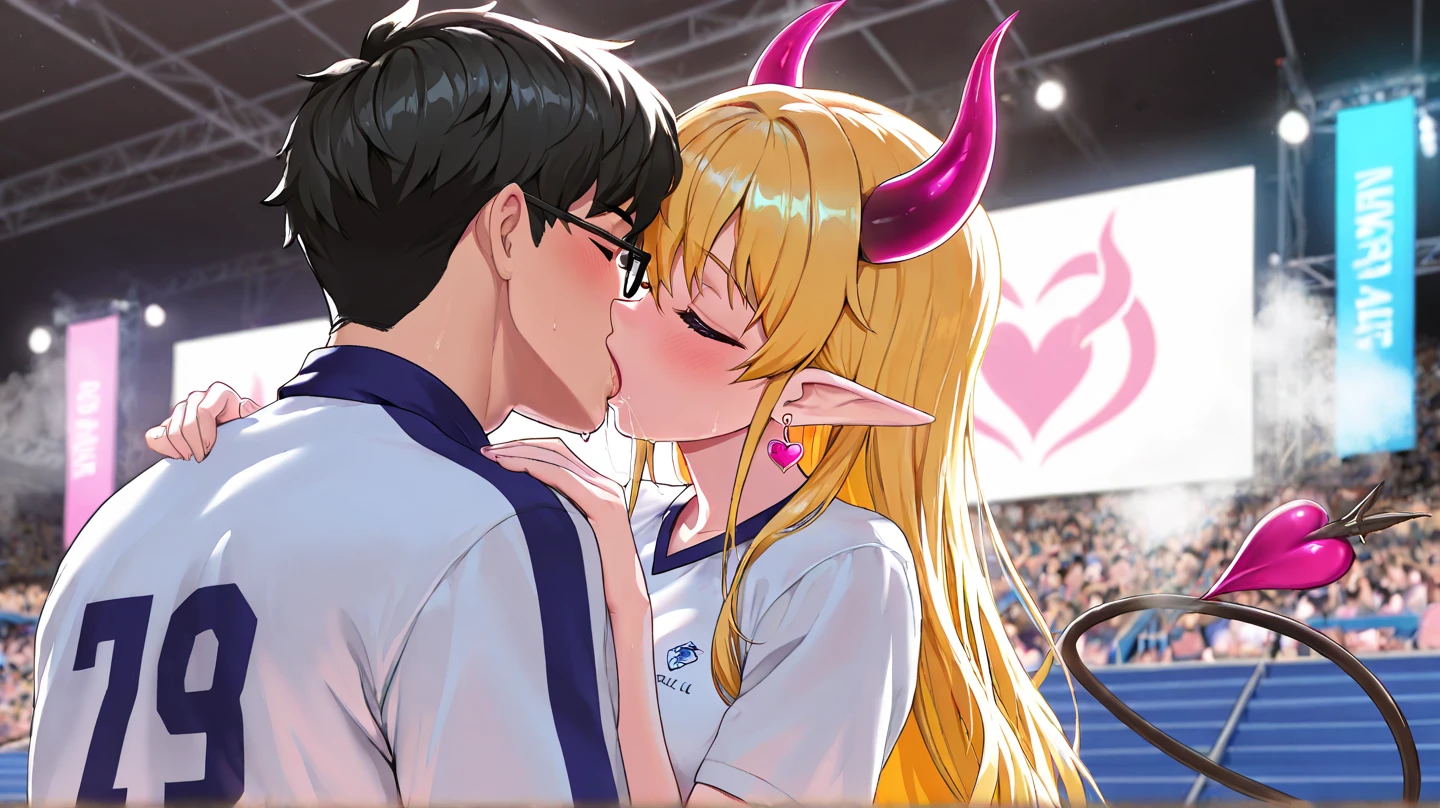 Cheerleader, demon horns, kissing while giving , seductive smile , red eyes, in classroom, mind control