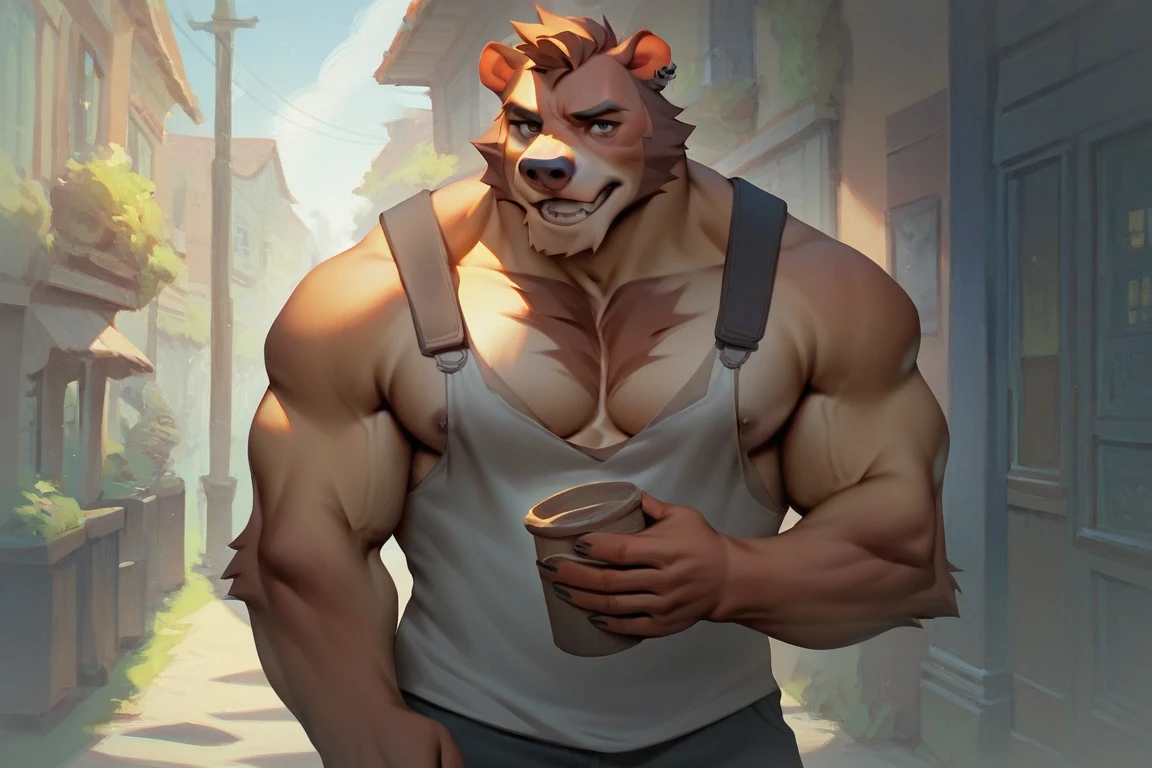 a man with a huge muscle, furry deer wearing ((pants and tank top)), brown furr, sitting in bar, ((muscular, sixpack)), happy, laugh, bearded , thicc, lowres, giant and muscular, danbooru and artstation, heavy detailed, insanely inflated hips, proportionally arms, commission for high res, detailed but rough, semirealistic:1.3