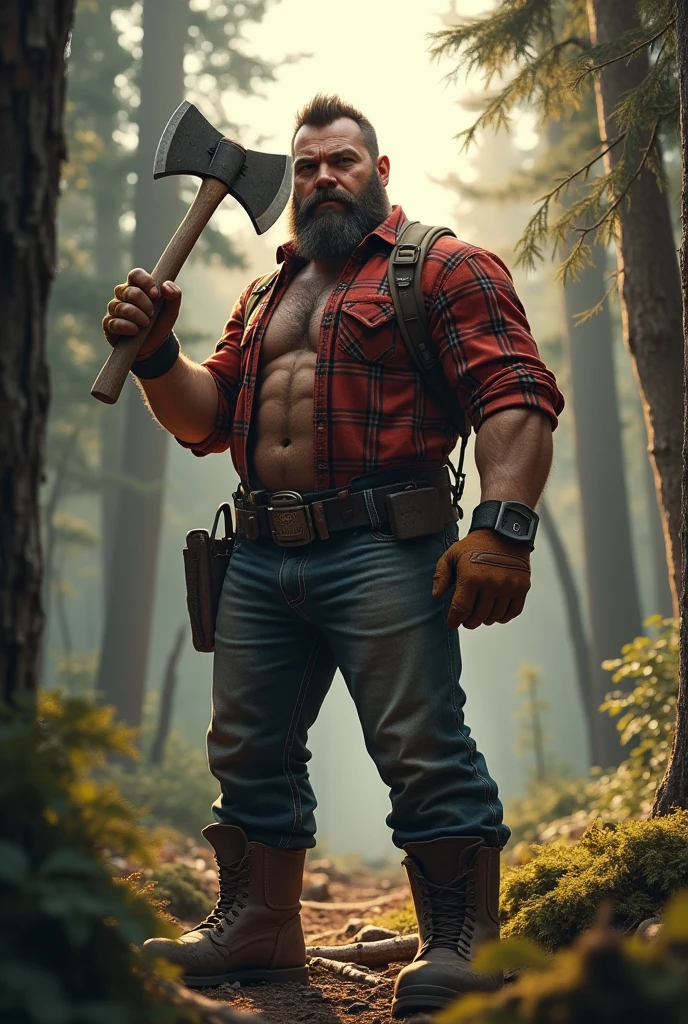 a very tall and muscular lumberjack with a, big beard and a red plaid shirt , blood on lips, he has a sad look, scar on right eye,  he fight with a Big dark creature, Village scenery in flames. 