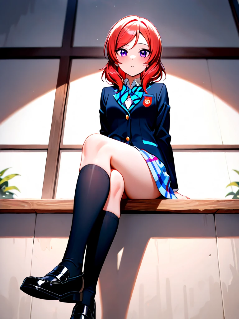 (Masterpiece), Best Quality, ultra-detailed, 1girl (Gwendolyn_Tennyson,  Slender and sexy body, lovely small breasts, orange hair, long wave hair, green eyes, half-closed eyes, spectacles), a come-hither face, smirk , parted lips, nose blush, blush, facing viewer, looking at viewer, solo, business suits, business jacket,  dark blue jacket, white y-shirts(buttons), necktie,  pleats skirt,dark blue skirt, black lace thighhighs, in the classroom, night time, , sitting,  sitting on desk, spread legs, black lace panties, come-on, lure,, Sexy waist teasing,  , from_below , full body 