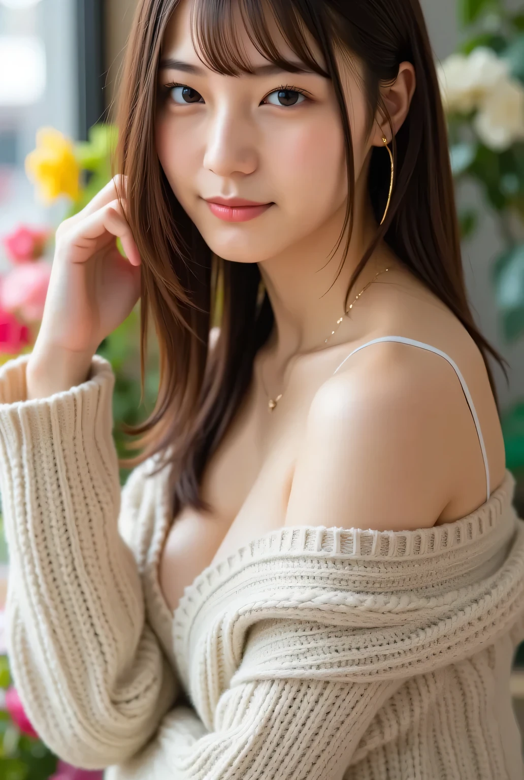 ((table top, highest quality, High resolution, , perfect pixel, 4k, ))), 1 girl, single, alone, Beautiful woman、(An angle where you can see the whole body)、 ((middle wave hair, bangs, brown hair)), ((brown eyes, beautiful eyelashes, realistic eyes)), ((detailed face, blush:1.2)), ((smooth texture:0.75, realistic texture:0.65, realistic:1.1, Anime CG style)), big breasts、soft chest、dynamic angle, perfect body, ((Female governess、、Beige off-shoulder sweater、Dark Blue Flared Skirt、Black garter stockings、earrings、necklace、upward glance、shy smile、library desk、Leaning forward a lot、crawl on all fours、、I can see a little bra、Massage your chest with one hand、flip up the skirt with one hand、))