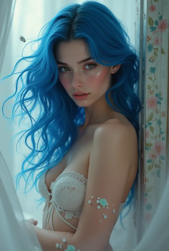 Make a beautiful woman with blue hair and half naked