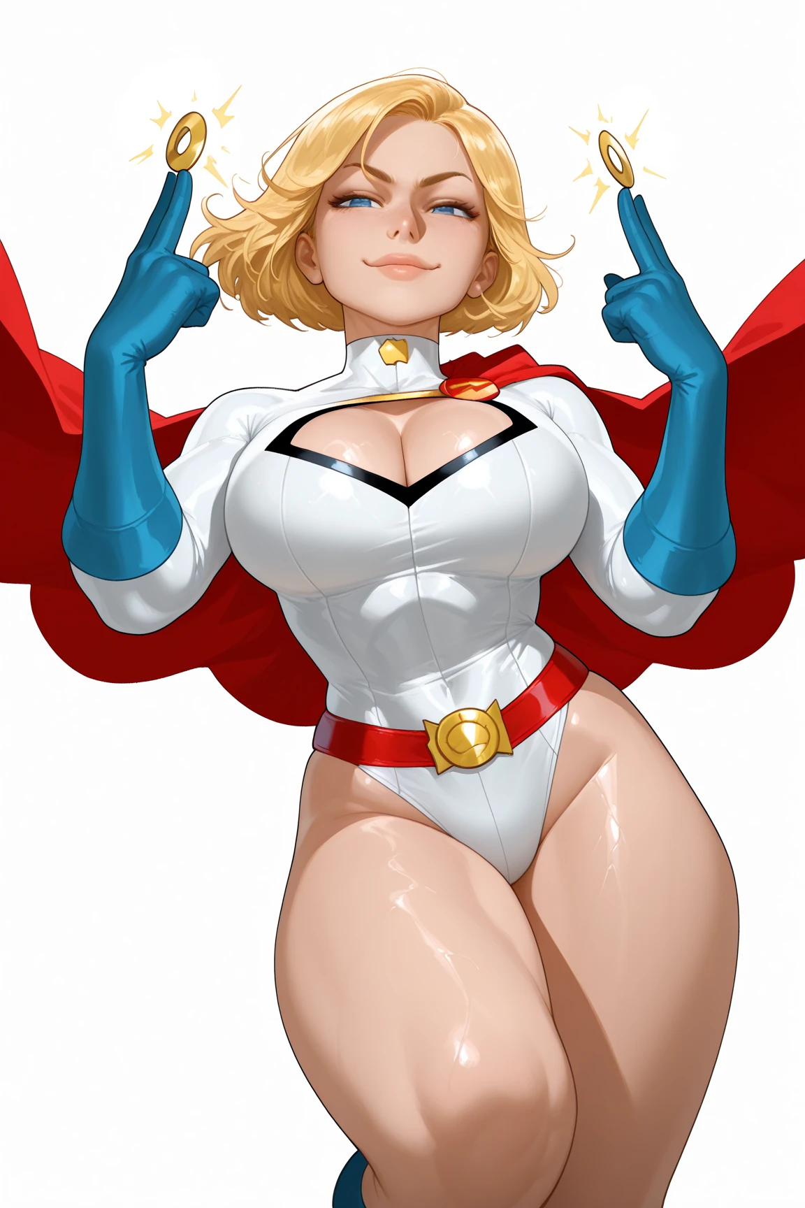 1girl, solo, superhero, blonde hair, gloves, cape, bodysuit, mask, breasts, boots, thigh boots, white background, smile, thighhighs, covered navel, blue eyes, skin tight, medium breasts, white gloves, red cape, looking at viewer, domino mask, red footwear,<lora:Star_Marvel:0.6>