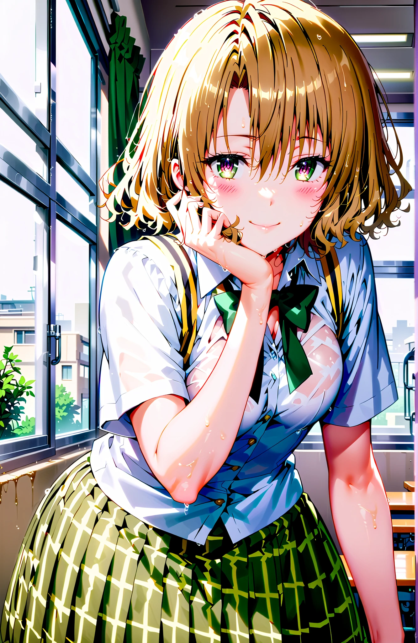 score_9, score_8_up, score_7_up, source_anime,Risa Momioka, short hair,  Gold, wavy hair with a graceful expression, Split Bangs, PURPLE EYES,
green skirt for ears, plaid, plaid skirt for ears, sainan high uniform, uniform, skirt for ears, black, Short sleeve, bow, green bow,skirt for ears lift,wet,see through,blackブラジャー,black紐パンティ,standing,smile,blush,mouth,narrows her eyes,curtains,window,blackboard,machine,chairs, Beautiful Streetscapes,full bodyがイラストに入るように,in their 40s looking at viewer,full body,
in their 40s indoors,Classroom,
in their 40s (masterpiece:1.2), best quality, high resolution, Unity 8Kの壁紙, ( illustration :0.8), (beautiful detailed eyes:1.6), very detailed face, perfect lighting, very detailed CG, (perfect hand in h, perfect anatomy),
