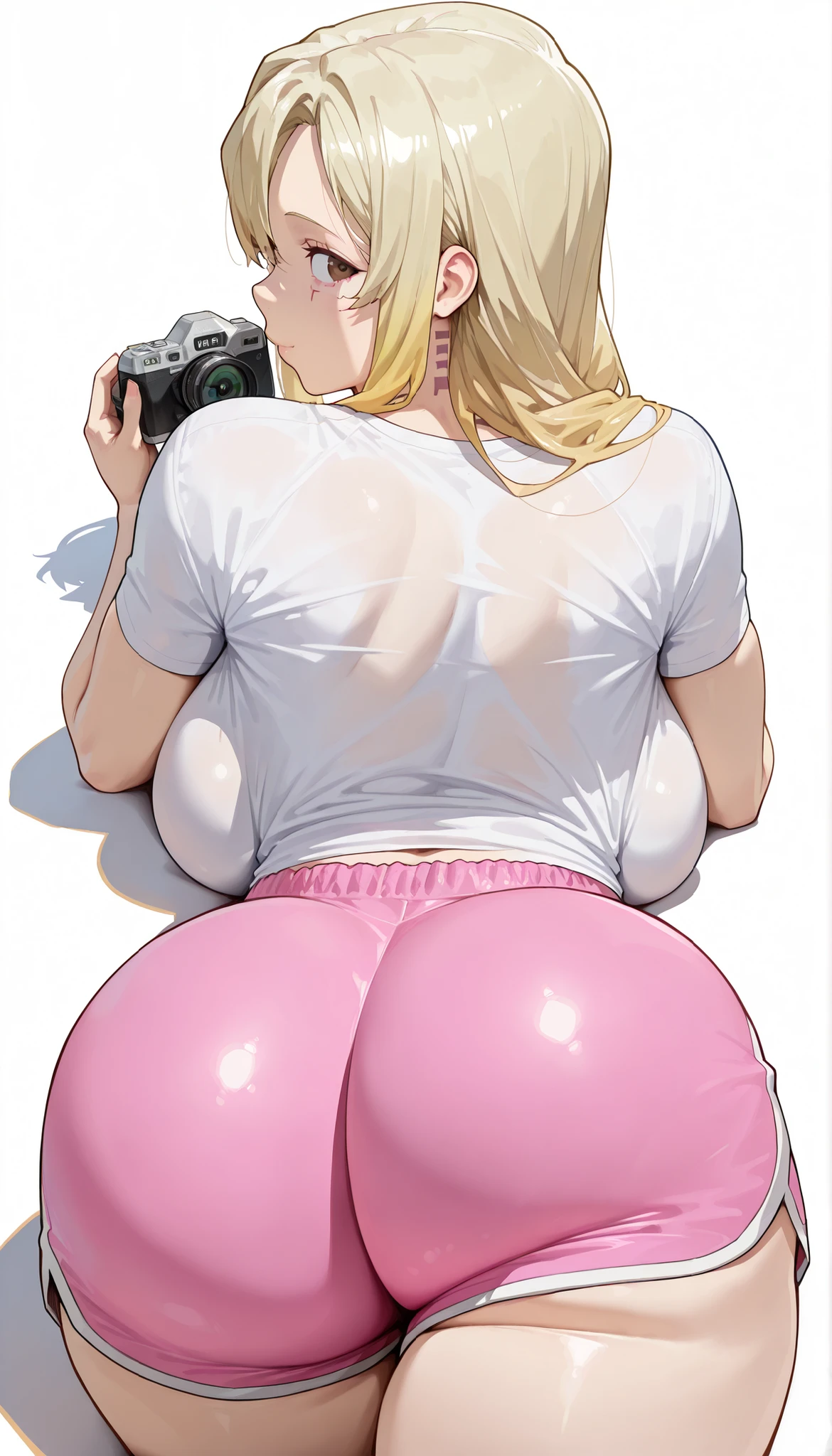 High resolution, mature white girl, ((bimbo))), long blonde, ponytail, wide hips, thick thighs, hourglass figure, small round breast, huge ass size, Brazilian butt lift, (dolphin shorts:1.3), shorts cover her ass, (((she's taking a selfie with a guy))), his hand is on her ass, (((as they hug he's grabbing her ass)))