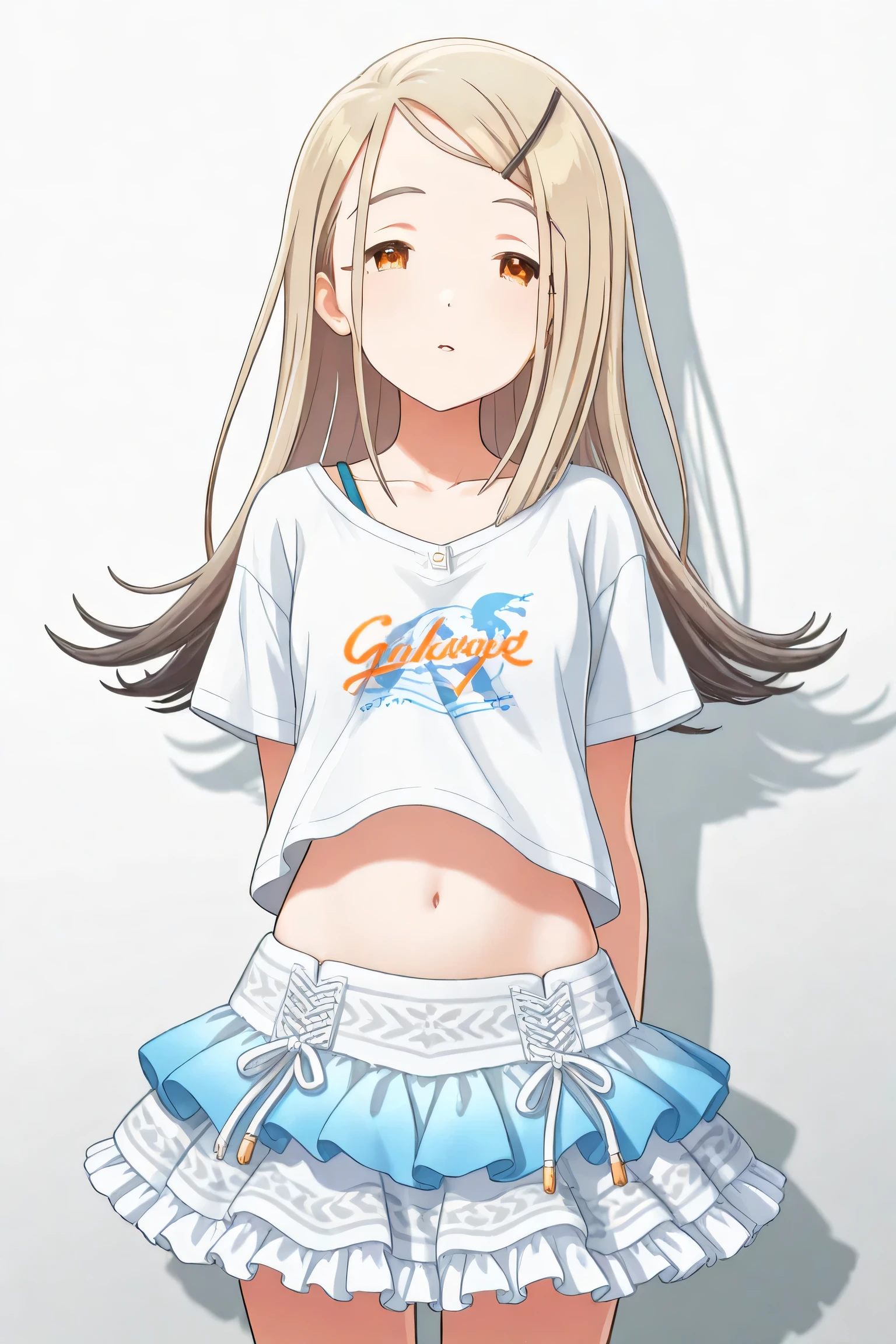 live2d, live2d asset, front view, hiro shinosawa, idolmaster gakuen, looking at viewers, belly, navel, tshirt, frilled skirt,