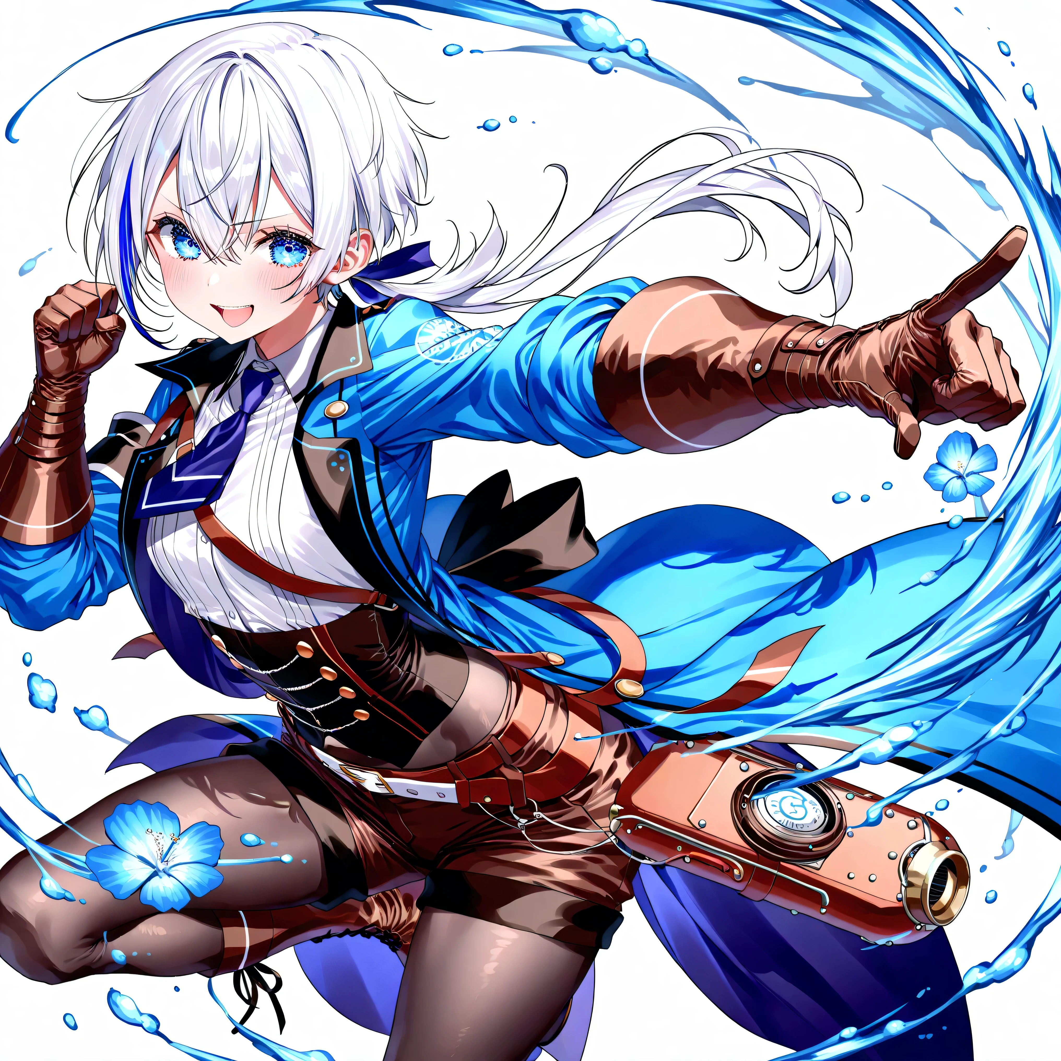 high resolution、High Quality、short cut hair,    low ponytail  、 white hair、stupid hair、black pantyhose  、Boyish clothes、double teeth、solo、Thick-soled boots、 asymmetric hair 、   simple eyes   、white background、standing、huge steampunk gloves、right straight punch、Wide Angle Shot, shorts