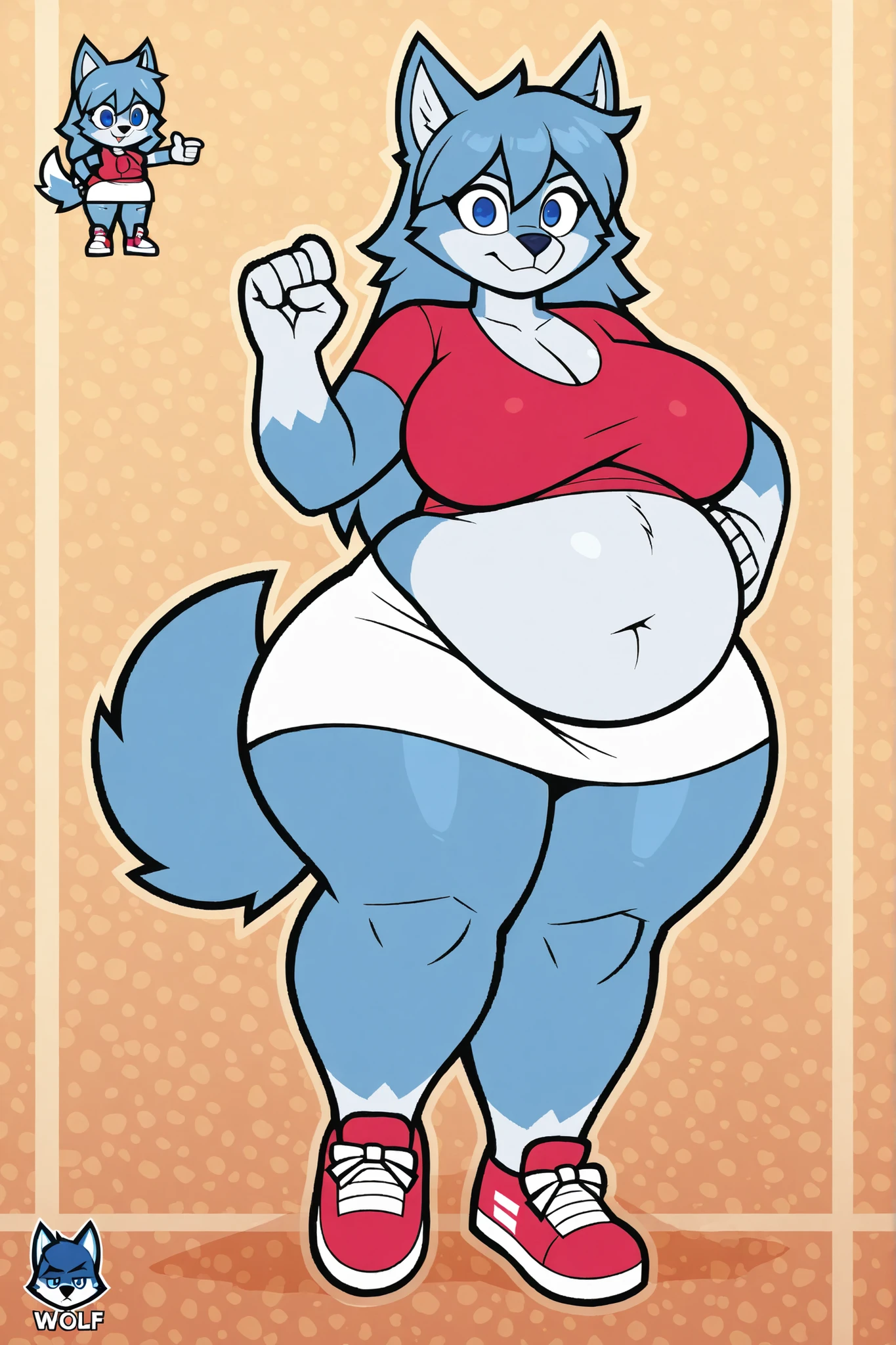 Malamute, female, long hair, gorgeous, beautiful, eyelashes, voluptuous, plump, belly rolls, fat arms, fat legs, ,tank top, shorts ,huge saggy breasts ,fringe on eye,heavy top, huge hips huge thighs heavy bottom ,sports bra,sports shorts, simple background , morbidly obese, belly rolls, fat rolls, belly rolls,belly overhang,rolled up tail, blue body,blue hair,big belly