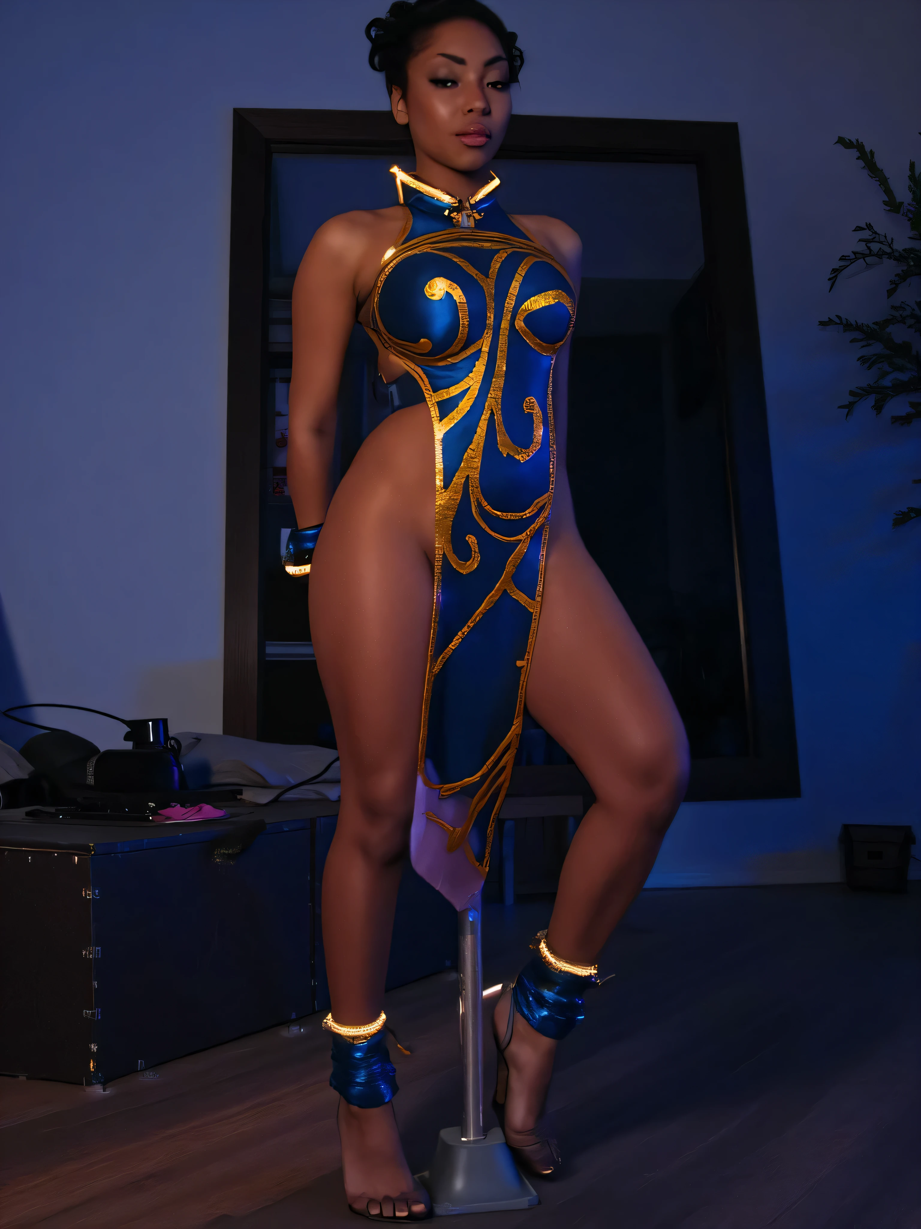 A bound african amercian black Woman pole tied wearing tight chun-li outfit, realistic image, photoshoot, enhanced details, with bare feet, and tight glowing gold rope wrapped around her in a rope body harness lingerie. her black skin is revealed wearing revealing chun-li outfit. small breasts in chun-li outfit. Her hands behind her back bound hands arrested. There is one large vibrator wand laying on the floor near her. clothes made of silk and blue elaborate pattern, Dressed in a breathtaking and sophisticated Qipao split thigh dress blue and gold, elegant and sophisticated fashion. Gold glowing metal collar and glowing cuff wrist bands. Woman Captured in bondage with metal clamps and gold glowing rope wrapped around her, ethereal glow, smoky blue magic swirling around her skin tight. Glowing gold energy beams pulsing from her energy centers, wrapped around her body, holding her form-fitting, radiant glow collar, and delicate silk wrist bands. full body of a beautiful woman, bondage, cinematic lighting, amazing quality, amazing shading, dark lighting, detailed