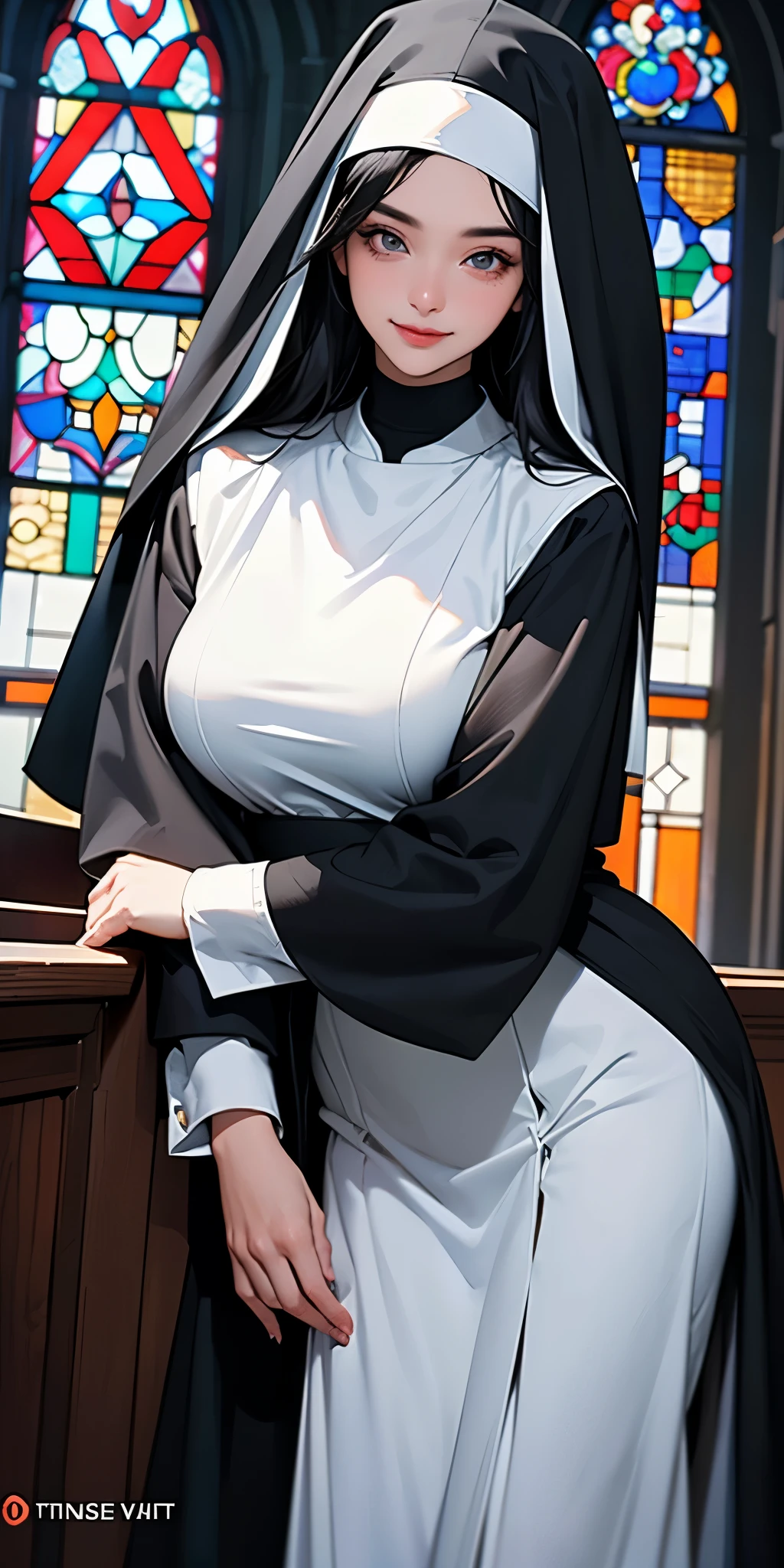 (solo 1 praying cute nun:1.3) standing in church, (praying with holding hands together over chest), very thin, (black sheer long dress:1.5), (gigantic breasts:1.3), (bursting perky breasts:1.2), (black sheer long skirt:1.4), inconceivably thin waist, closing eyes, nose blush, open mouth, (heavy breathing:1.2), stained glass, full body, 8k, ultra-detailed, masterpiece, beautiful detailed hair