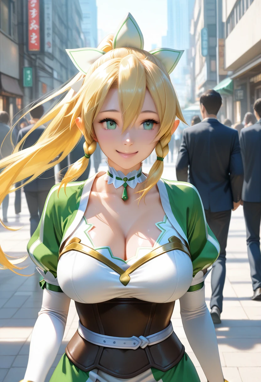 (Highest quality, best masterpiece, highest image quality, 8k, CG, ultra-realistic, very beautiful skin, very beautiful eyes), smiling, in the city, walking, Leafa